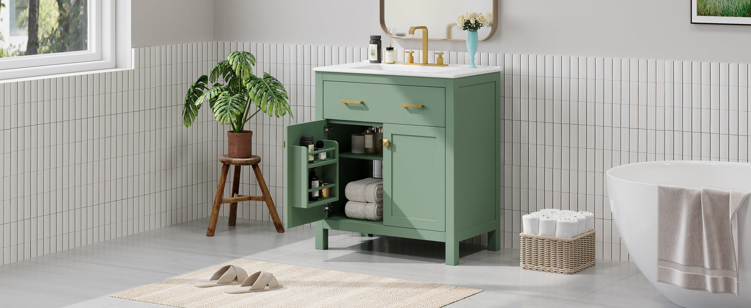 30-inch Bathroom Vanity with Ceramic Sink, Modern Green Single Bathroom Cabinet with 2 Doors and a Shelf, Soft Close Doors