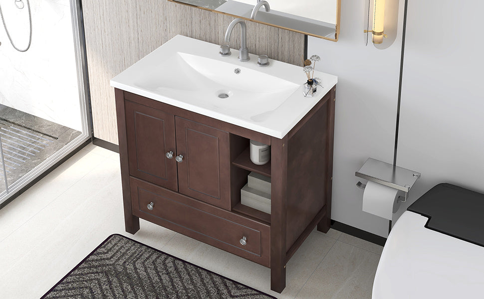 [VIDEO] 30" Bathroom Vanity with Sink, Bathroom Storage Cabinet with Doors and Drawers, Solid Wood Frame, Ceramic Sink, Brown (OLD SKU: JL000002AAD)