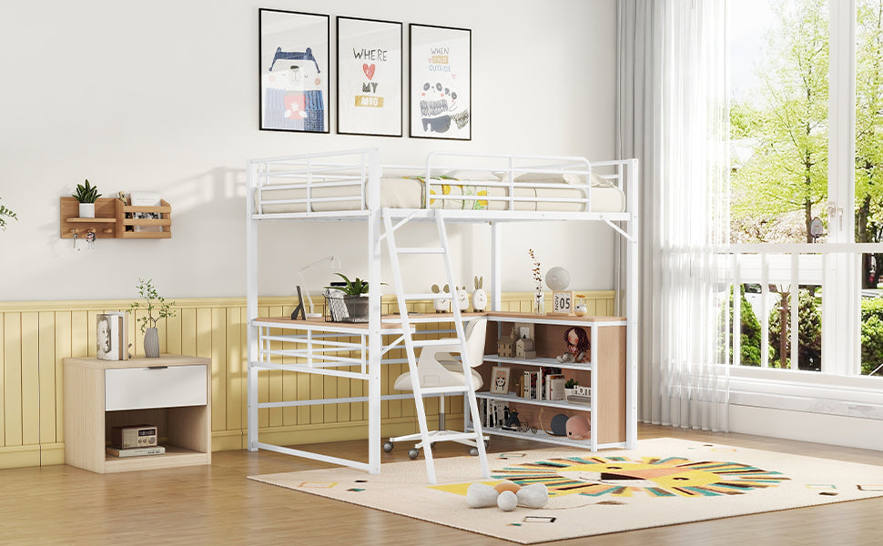 Full Size Metal Loft Bed with 3 Layers of Shelves and L-shaped Desk, White