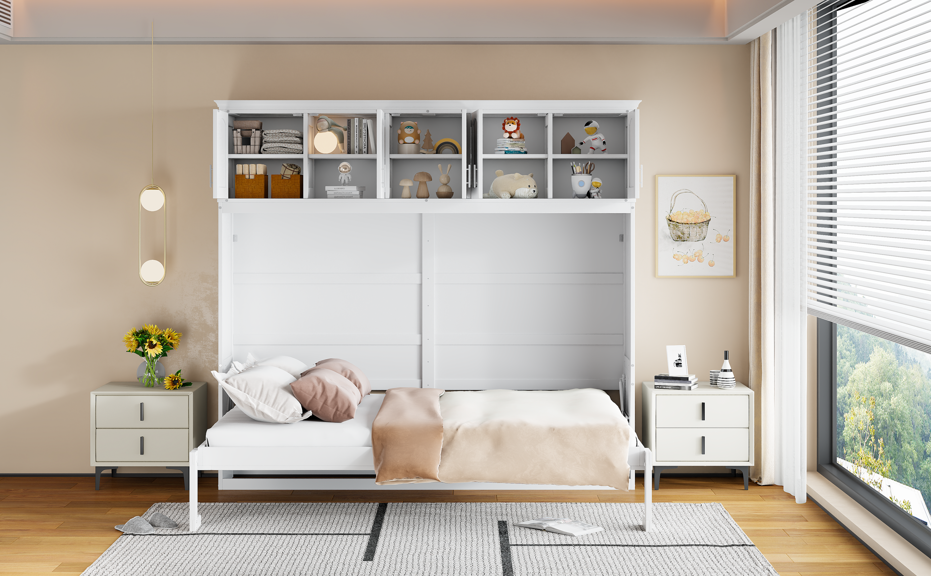 Queen Size Murphy Bed Wall Bed with Top Cabinets,White