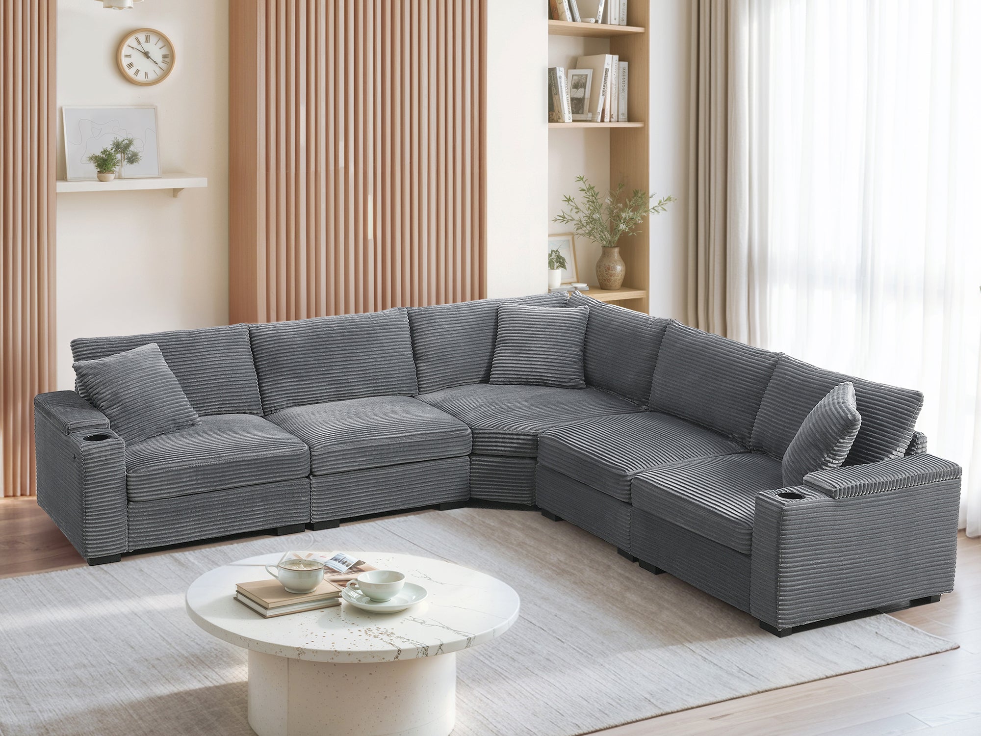 104-inch L-shaped corduroy sectional sofa, full front view