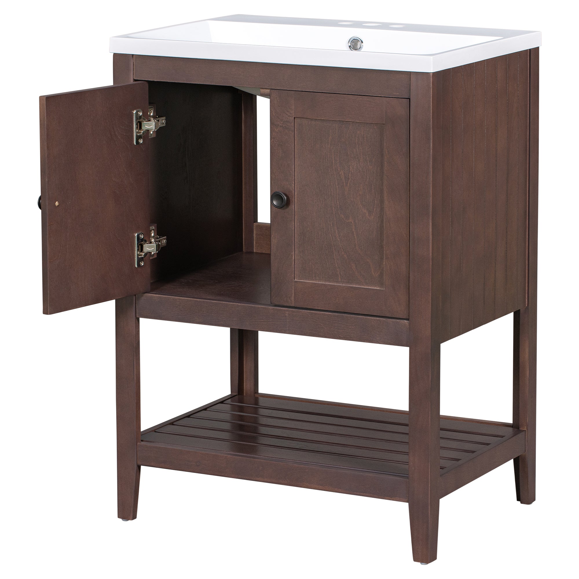 [VIDEO] 24" Brown Modern Sleek Bathroom Vanity Elegant Ceramic Sink with Solid Wood Frame Open Style Shelf (OLD SKU: JL000004AAD)