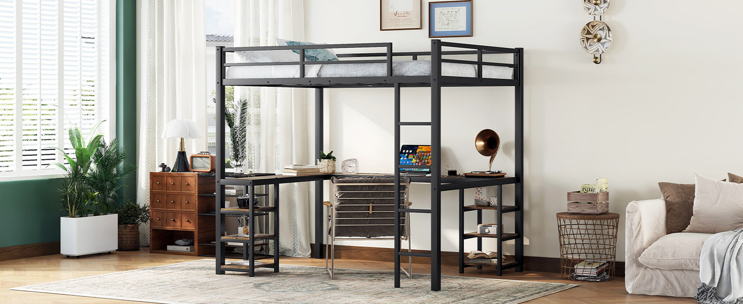 Full Metal Loft Bed with Desk and Shelves, Loft Bed with Ladder and Guardrails, Loft Bed Frame for Bedroom, Black with Vintage Wood-colored desk