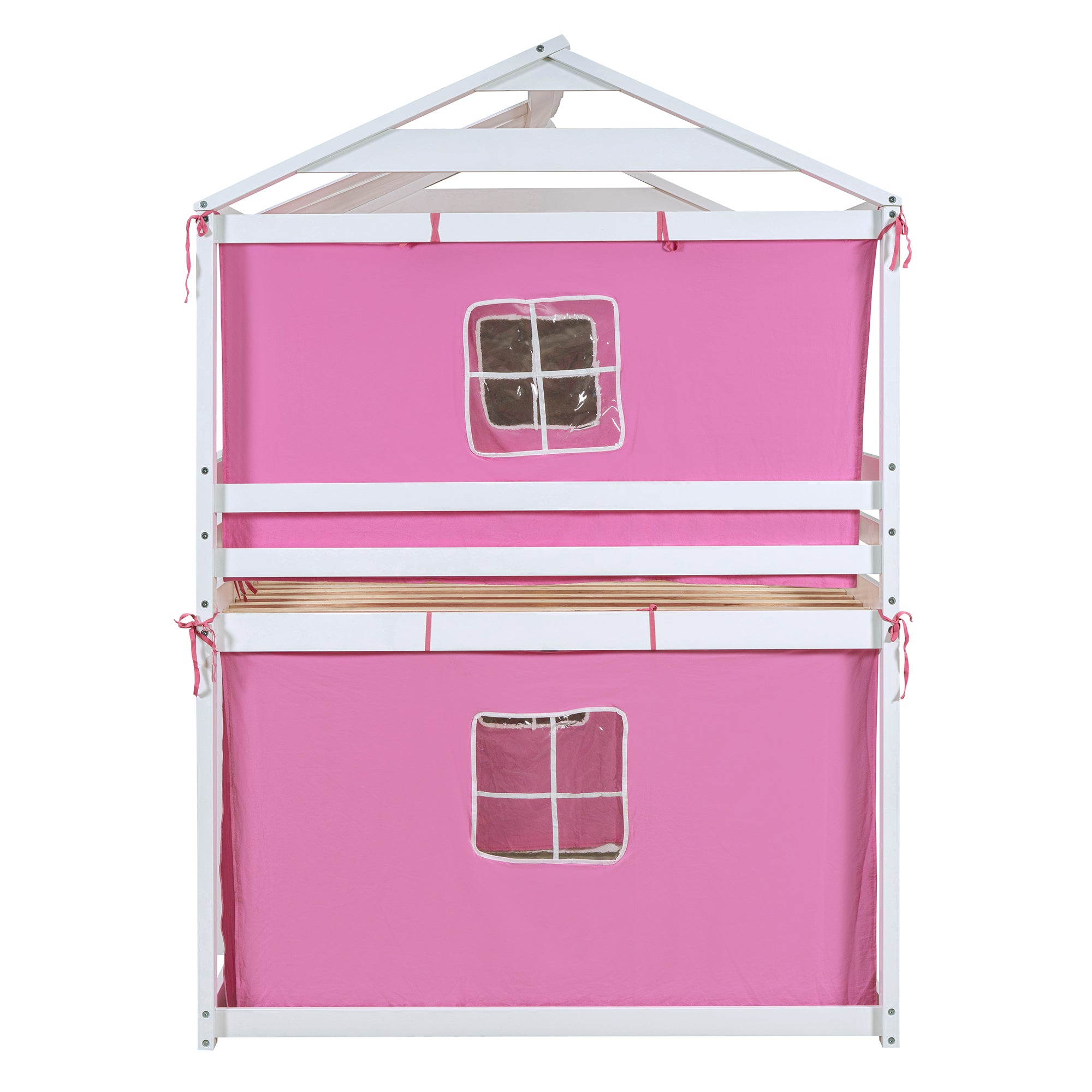 Full Size Bunk Wood House Bed with Tent, Pink+White