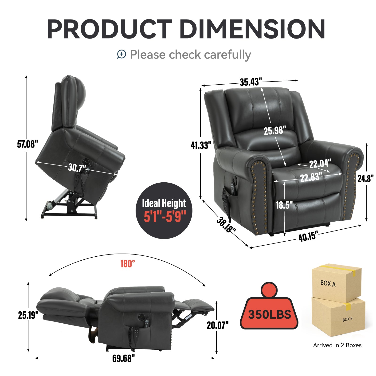 Power Lift Recliner Chair Heat Massage Dual Motor Infinite Position Up to 350 LBS, Faux Leather, Heavy Duty Motion Mechanism with USB Ports, Grey