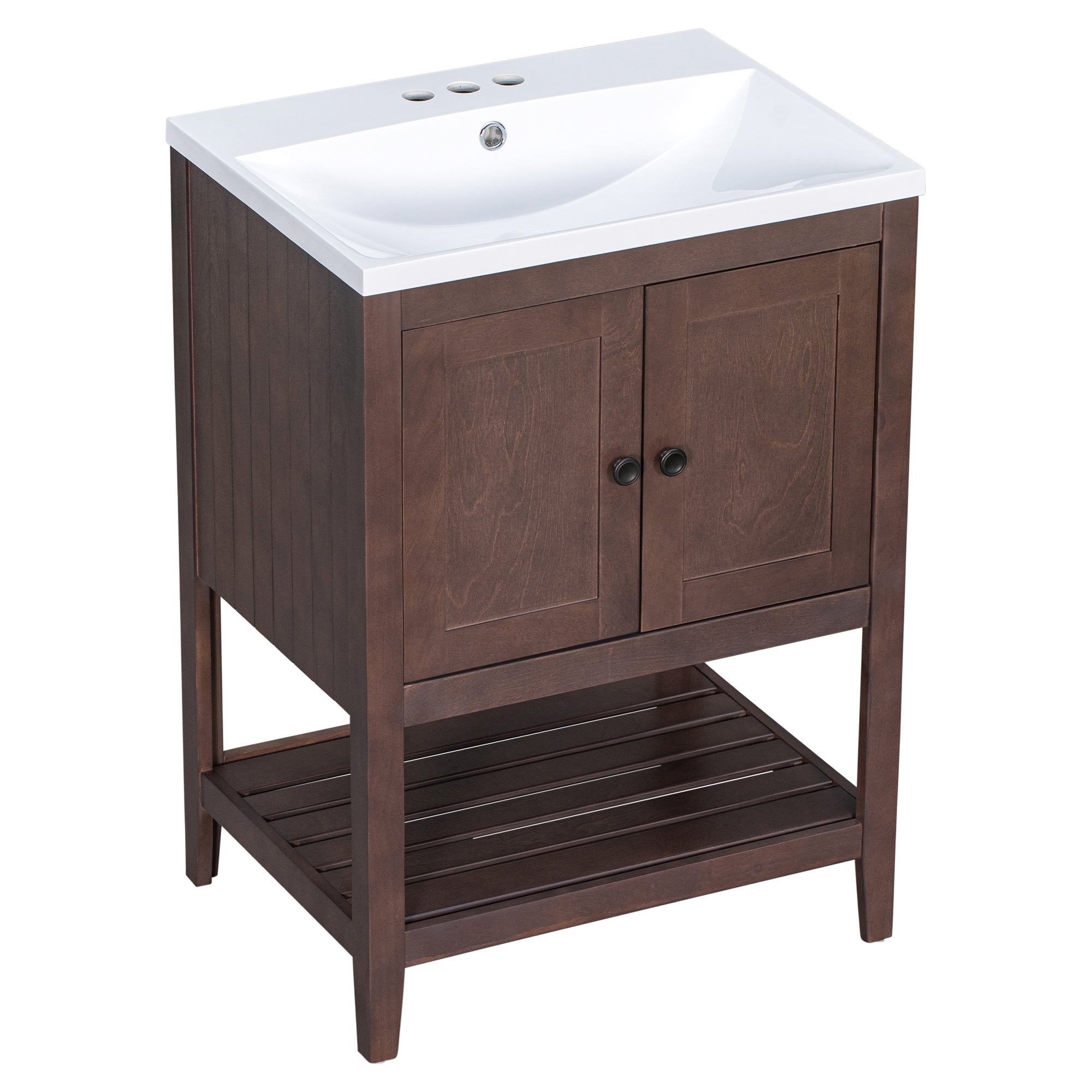 [VIDEO] 24" Brown Modern Sleek Bathroom Vanity Elegant Ceramic Sink with Solid Wood Frame Open Style Shelf (OLD SKU: JL000004AAD)