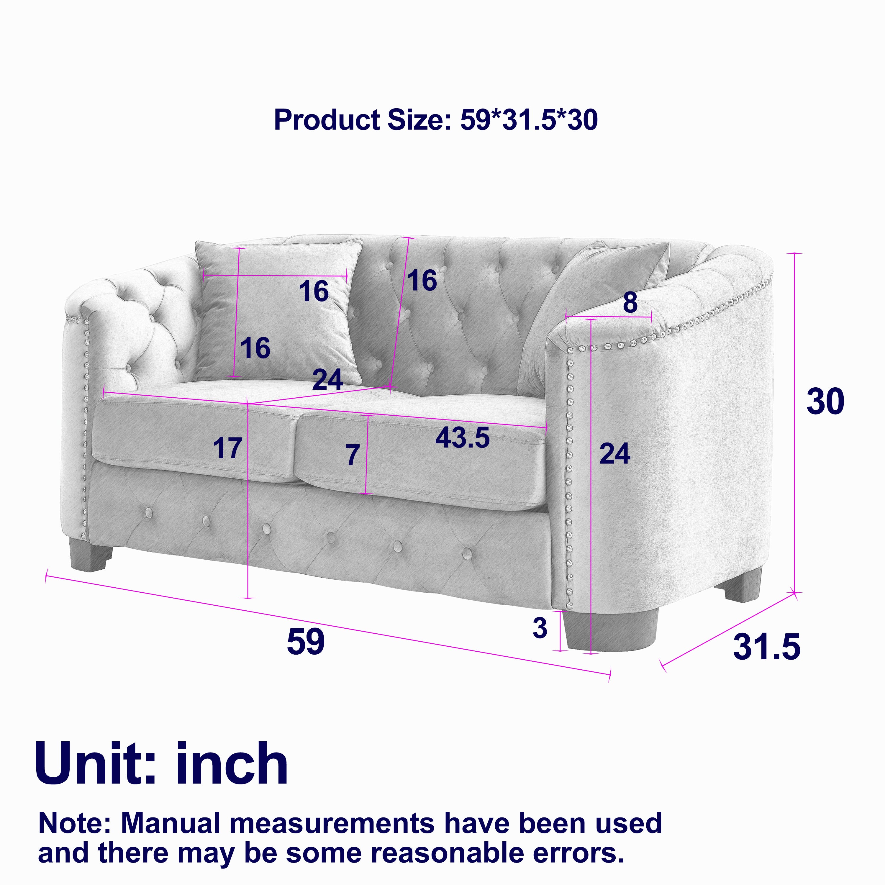 59-Inch Modern Chesterfield Velvet Sofa, 2-Seater Sofa, Upholstered Tufted Backrests with Nailhead Arms and 2 Cushions for Living Room, Bedroom, Apartment, Office (Grey)