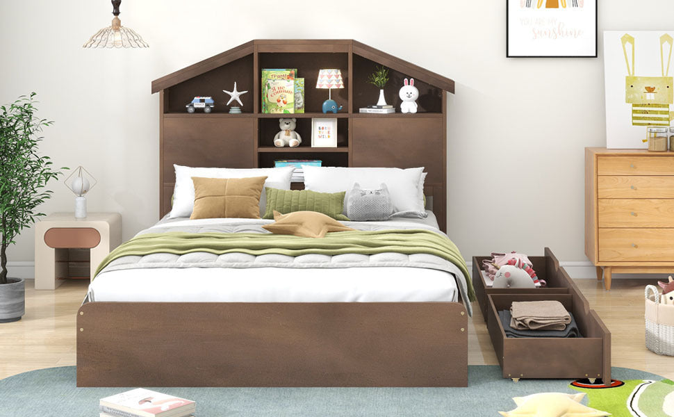 Full Size Wood Platform Bed with House-shaped Storage Headboard and 2 Drawers, Walnut