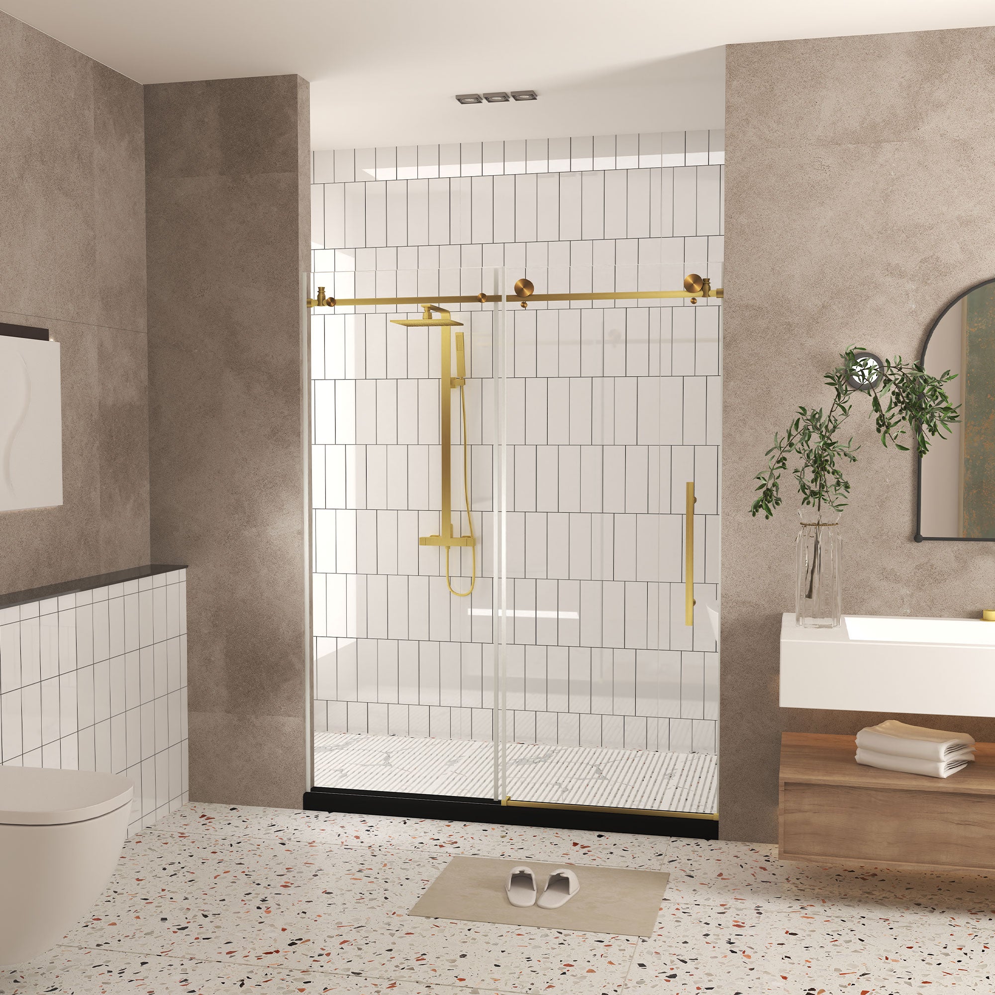 Frameless shower door 44-48 inch brushed gold handle detail