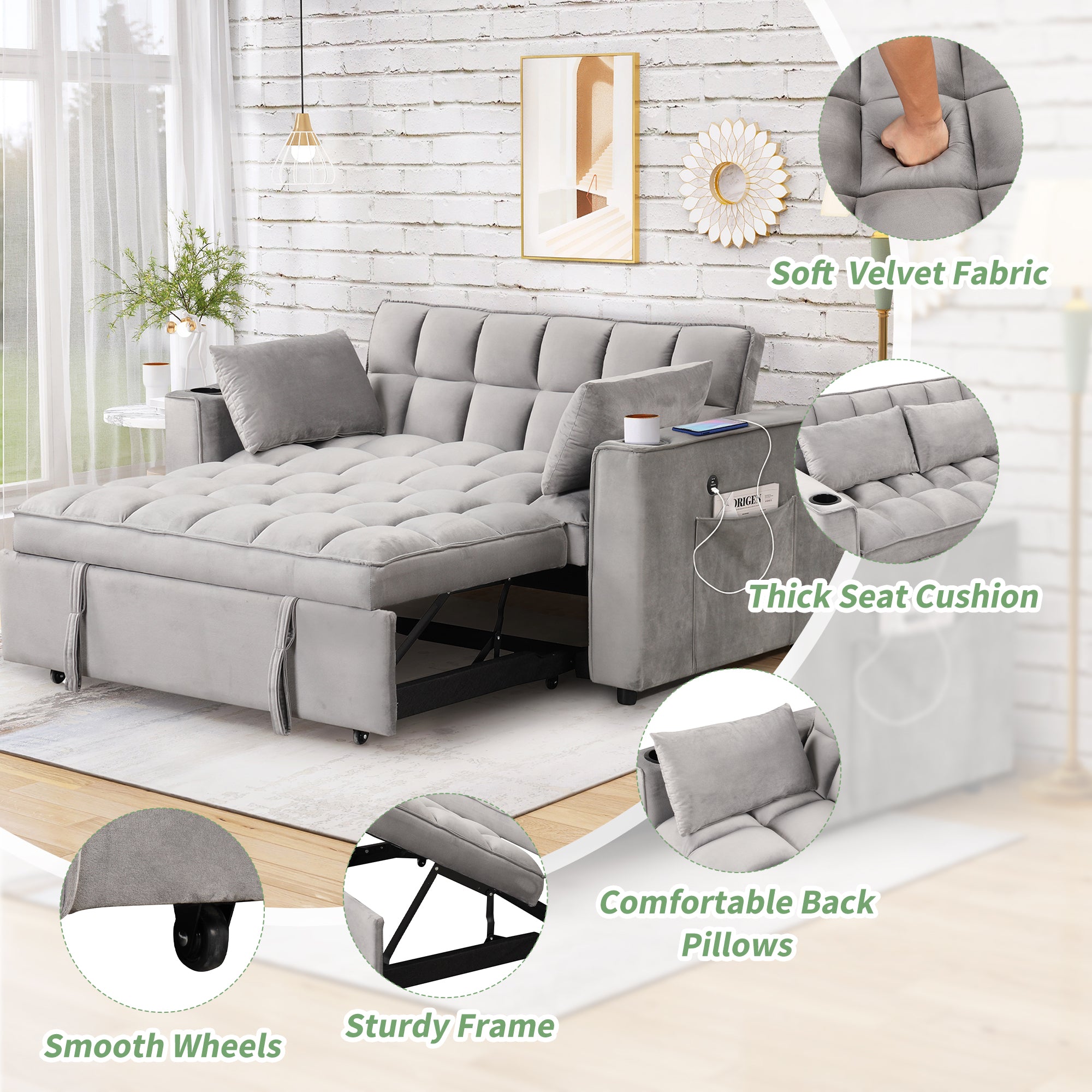 58" 4-1 Multi-functional Sofa Bed with Cup Holder and USB Port for Living Room or Apartments, Gray