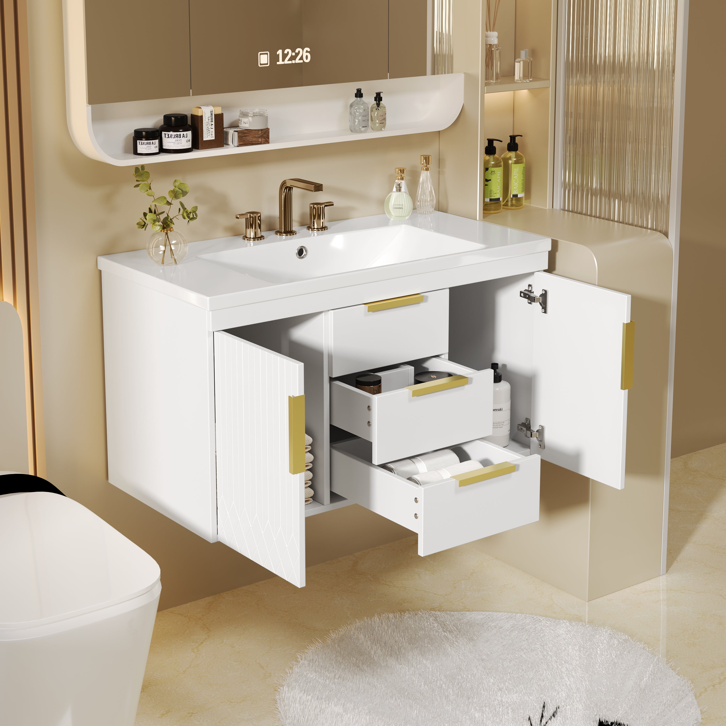 36'' Wall Mounted Bathroom Vanity with Resin Sink, Floating Bathroom Storage Cabinet with 2 Drawers, Solid Wood Bathroom Cabinet