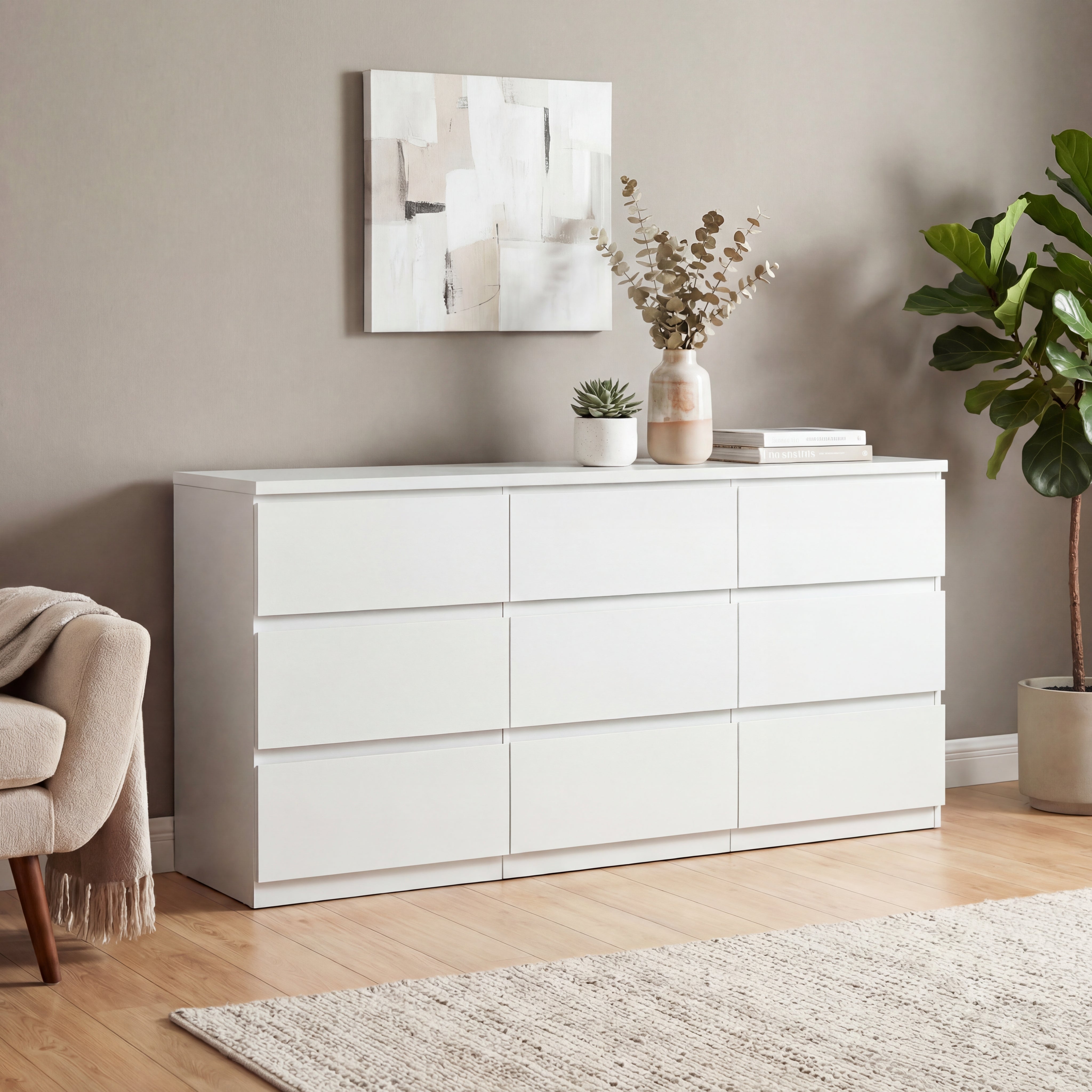 9-drawer modern white wood dresser, handleless side profile