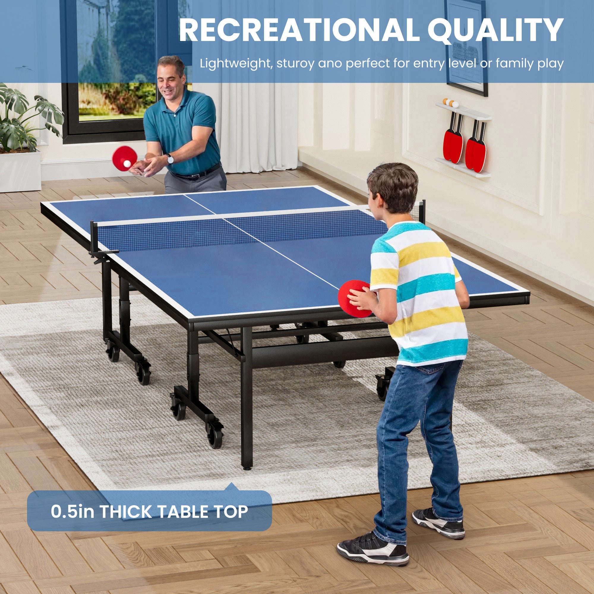 Table Tennis Table - 15mm Professional MDF Indoor Table Tennis Table with Table Tennis Net and Bats etc. Quick Assembly, Single Training Table, 108"L x 60"W x 30"H