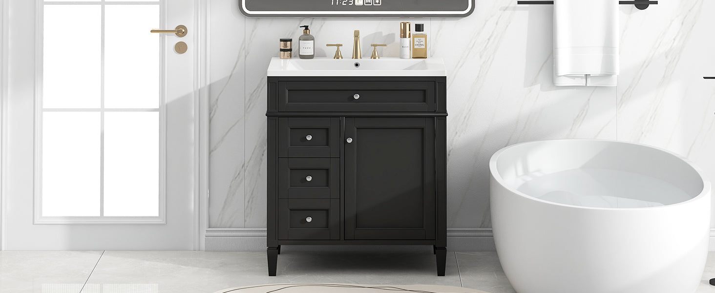 30'' Bathroom Vanity with Top Sink, Modern Bathroom Storage Cabinet with 2 Drawers and a Tip-out Drawer, Single Sink Bathroom Vanity