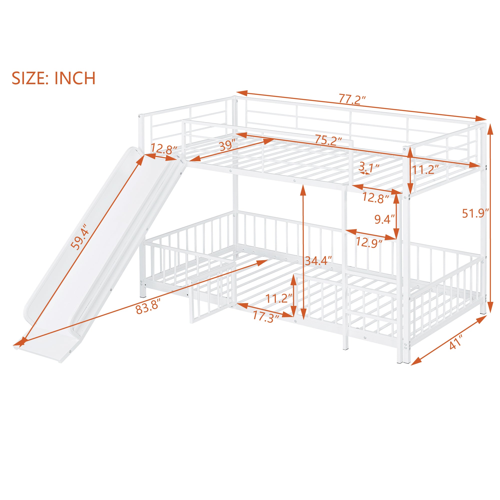 Twin over Twin Size Metal Bunk Bed with Slide and Guardrails, White