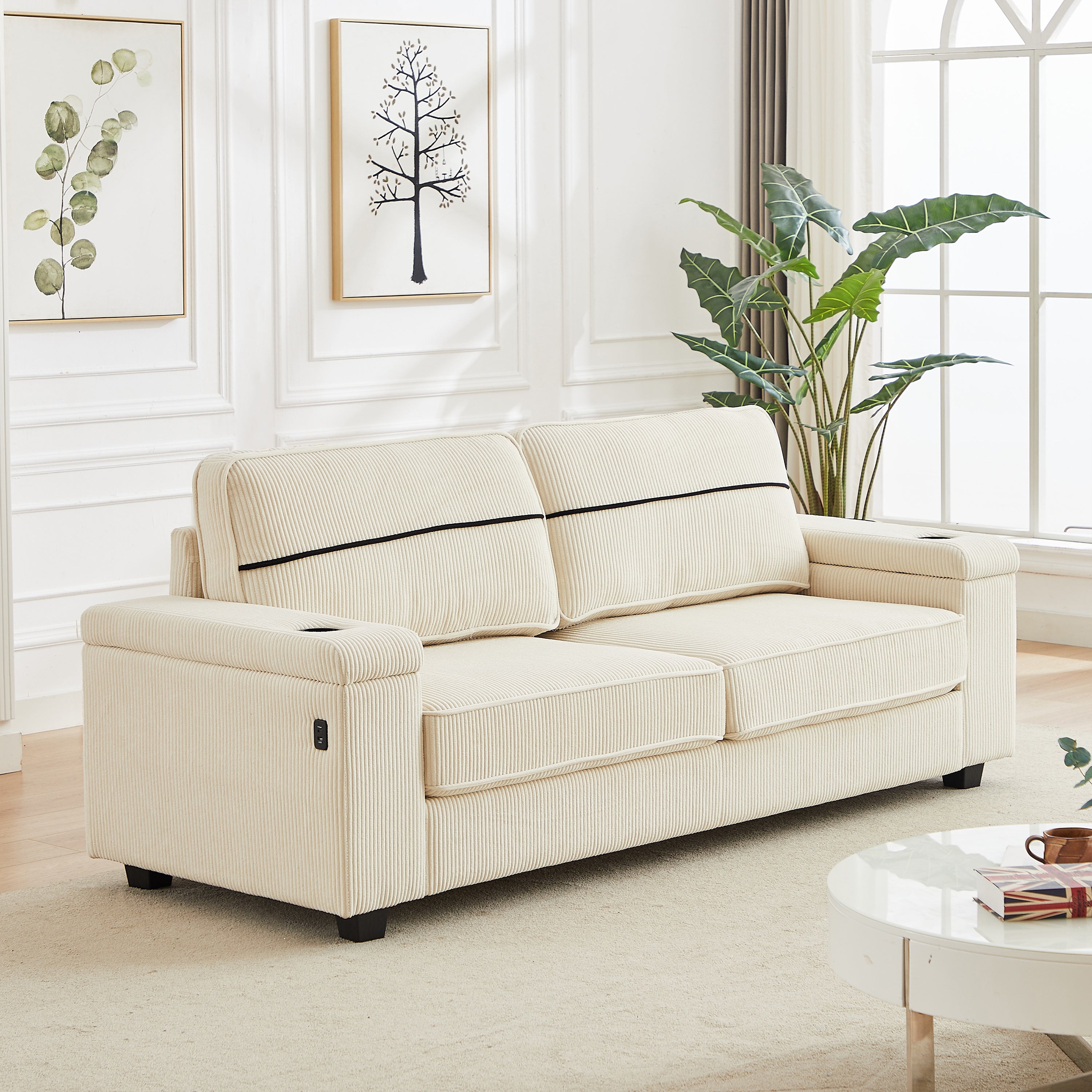 86.5 inch Sofa Couch- Deep Seat Sofa with two storage spaces, T-Pyce Charging Ports , USB Charging Ports & 2 Cup ,Corduroy 3 Seater Couch, Modern Sofas for Living Room