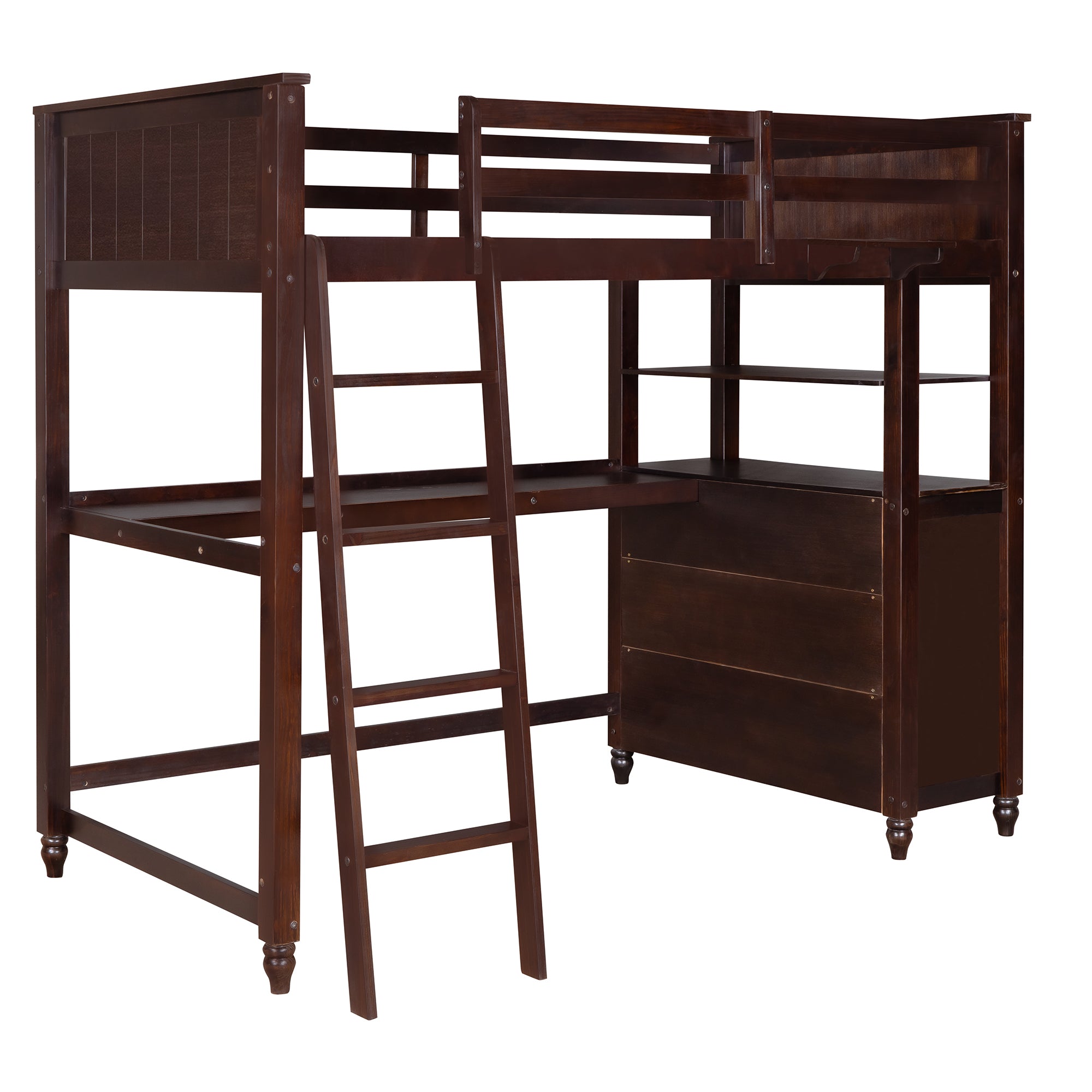 Twin size Loft Bed with Drawers and Desk, Wooden Loft Bed with Shelves - Espresso(OLD SKU: LT001530AAP)