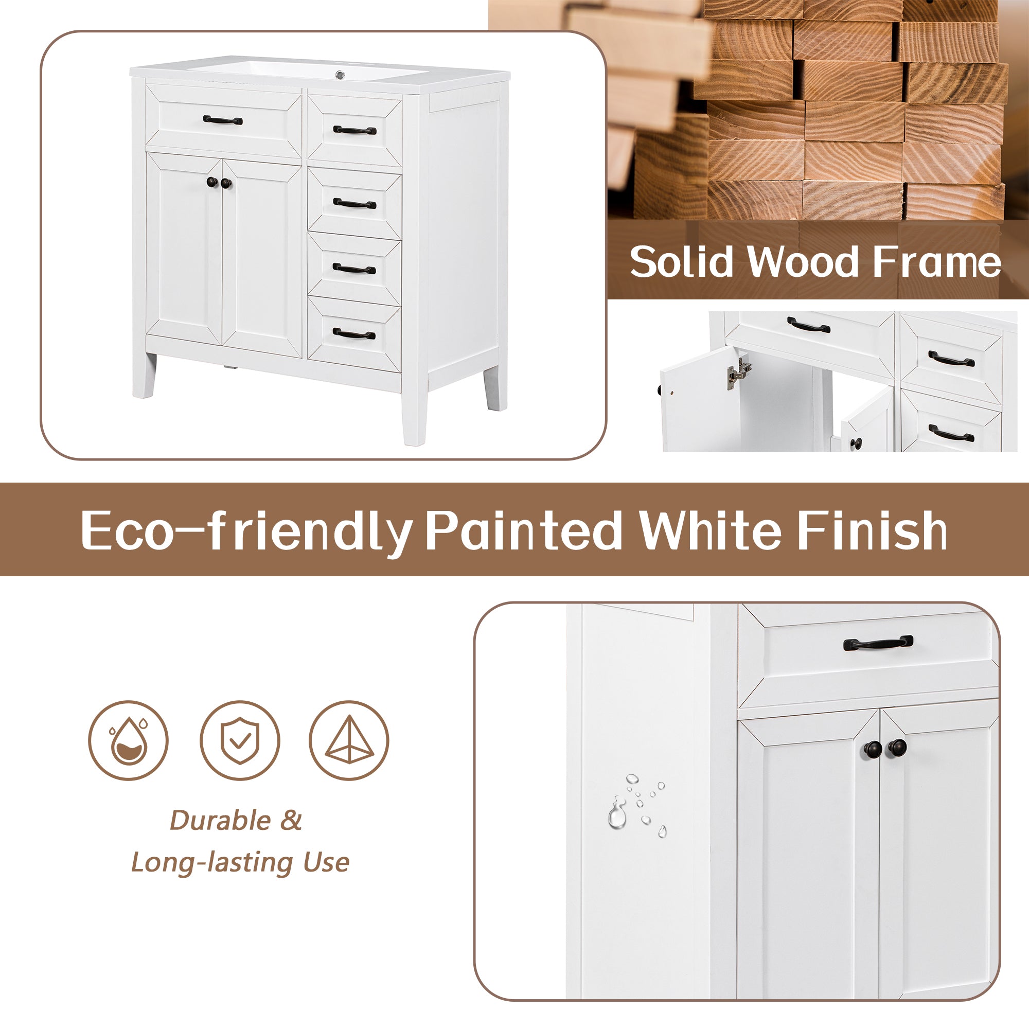 36" Bathroom Vanity with Sink Combo, White Bathroom Cabinet with Drawers, Solid Frame and MDF Board (Old Sku:JL000007AAK)