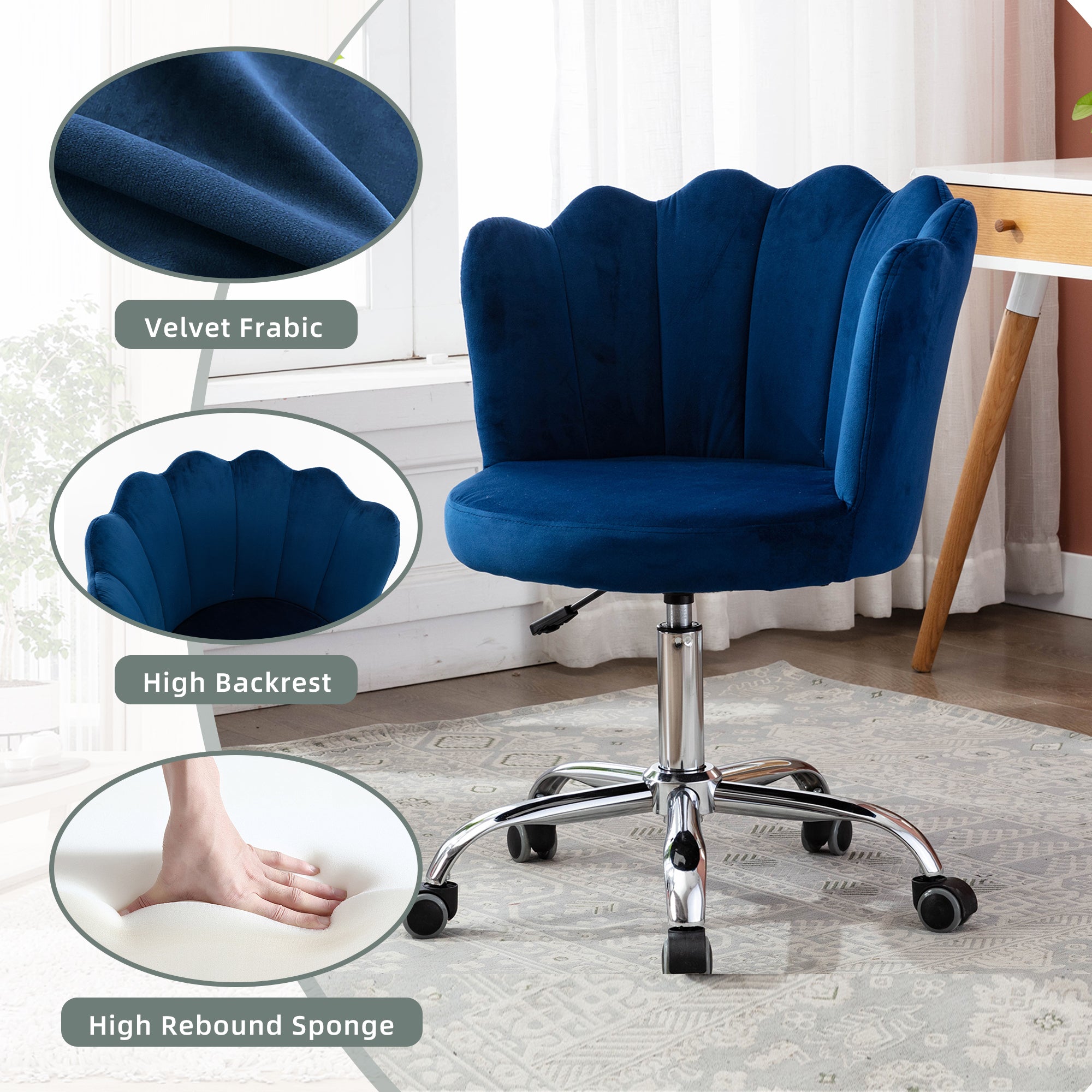 COOLMORE Velvet Home Office Chair with silver Base, Modern Cute Shell Back Upholstered Desk Chair for Vanity, Adjustable Swivel Task Chair for Office(Navy Velvet)