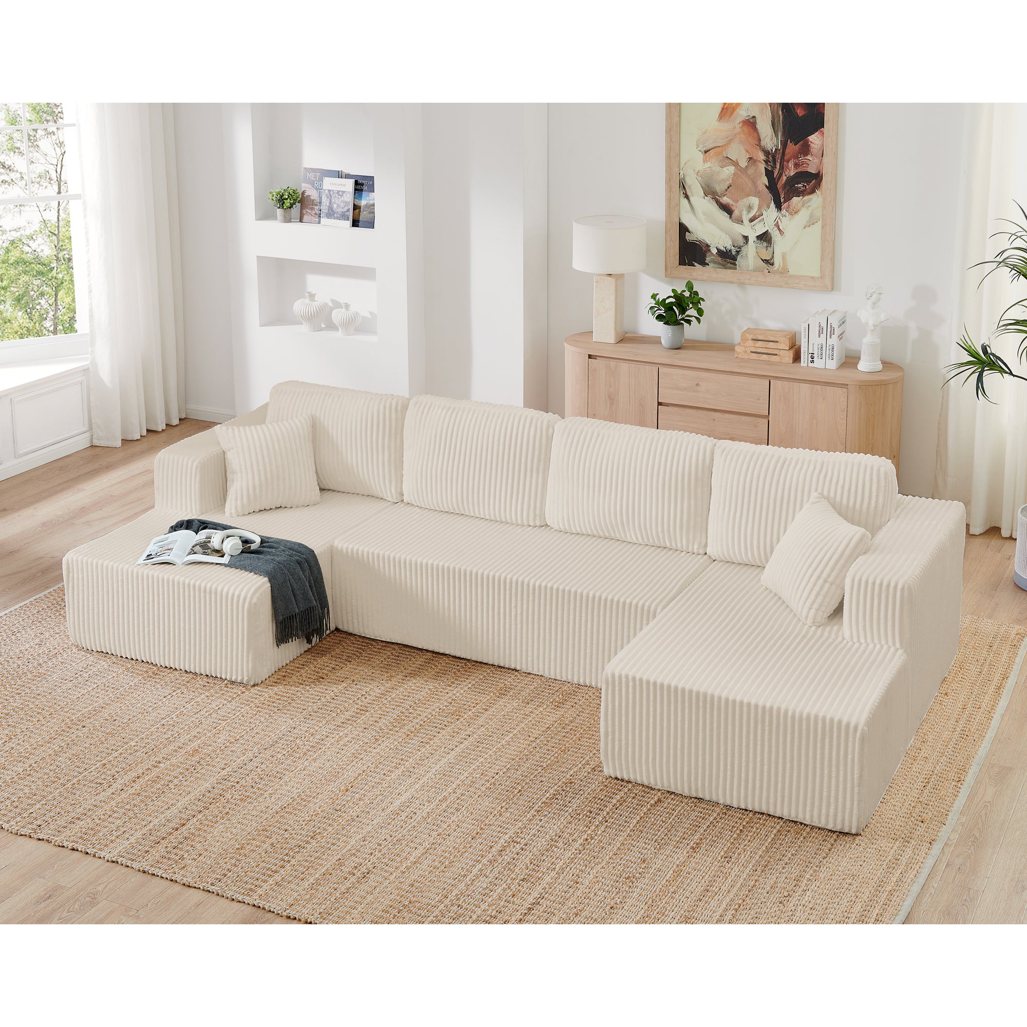 Beige corduroy modular sectional sofa, angled view