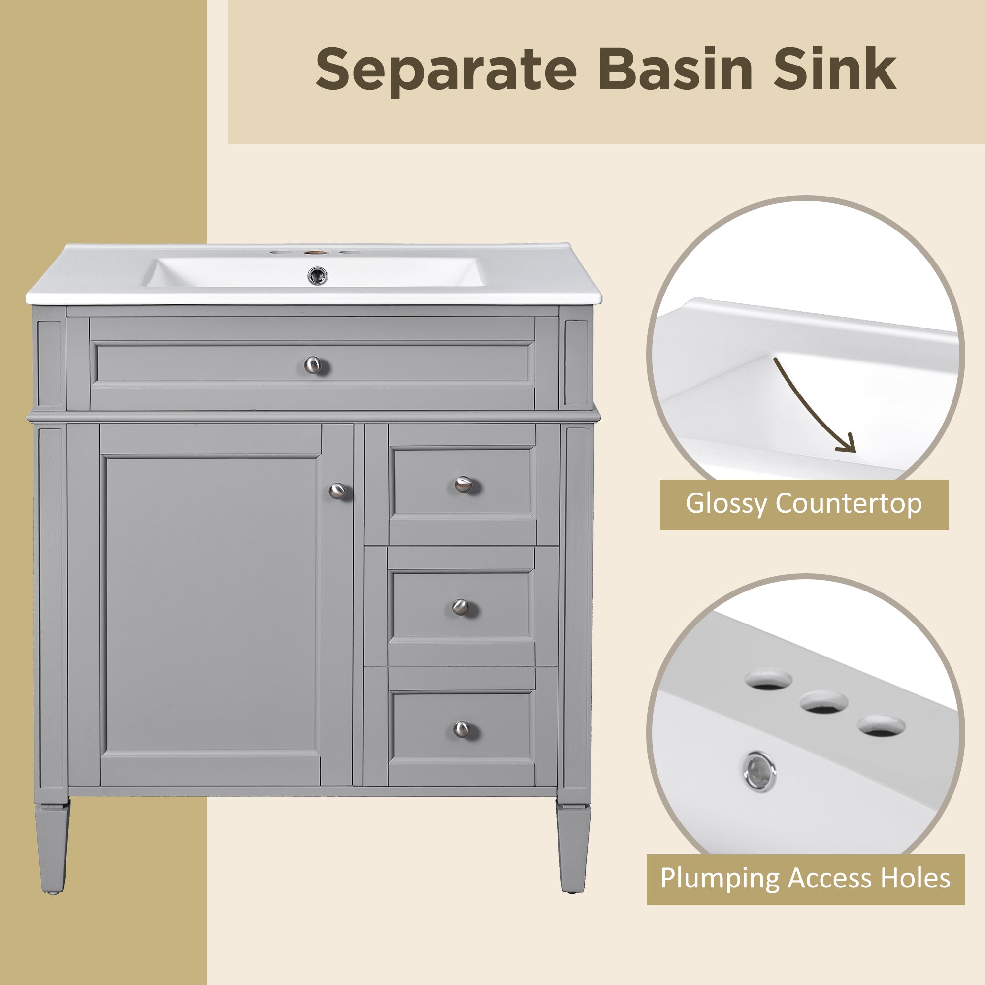 30-inch modern single-sink bathroom vanity, drawer detail