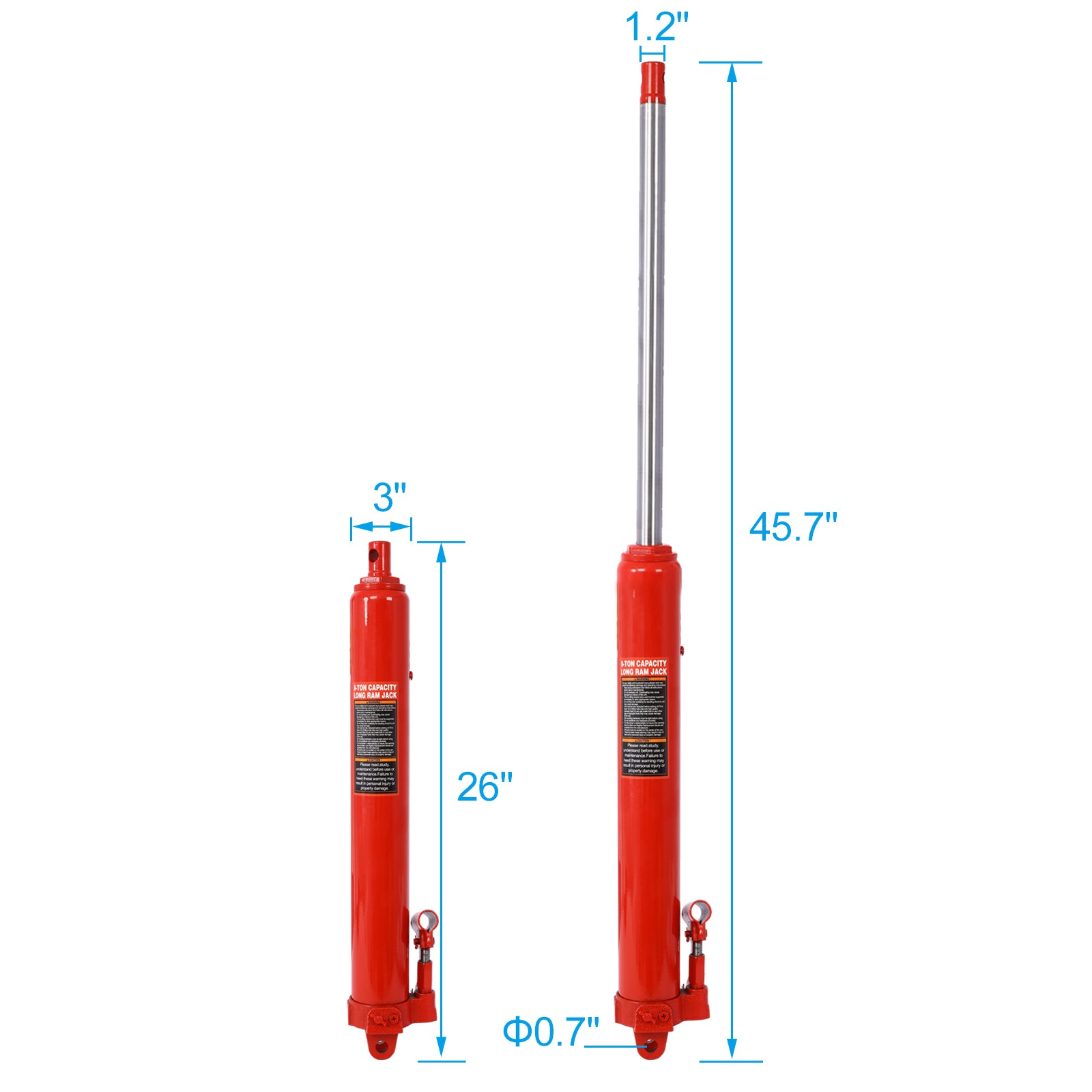 Hydraulic Long Ram Jack with Single Piston Pump and Clevis Base (Fits: Garage/Shop Cranes, Engine Hoists, and More): 8 Ton (16,000 lb) Capacity, Red