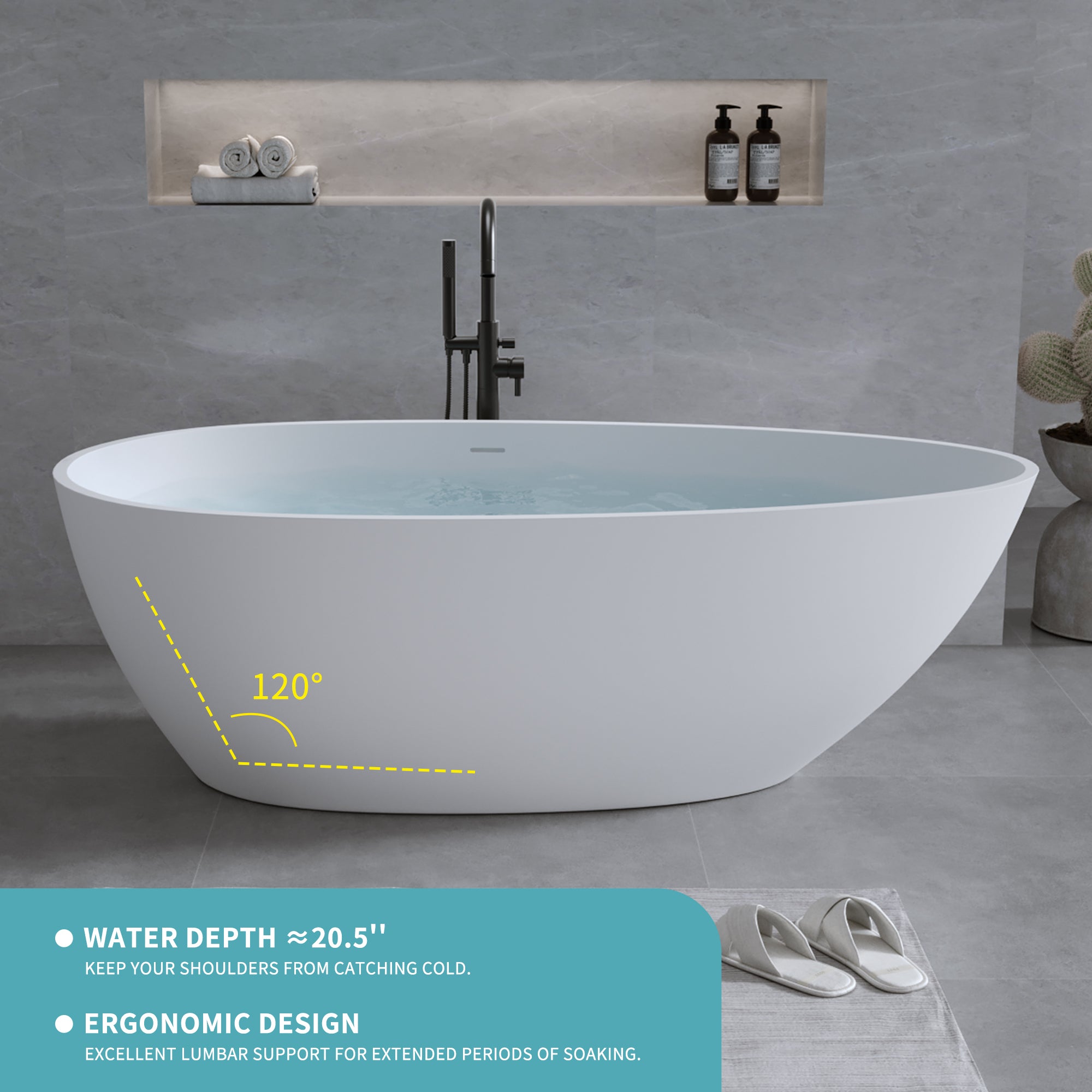 59'' Solid Surface Matte Tub, Freestanding Solid Surface Resin Stone Bathtub, Solid Surface Matte White Soaking Tub,Free Standing Tub with Overflow and Pop-up Drain, Matte White