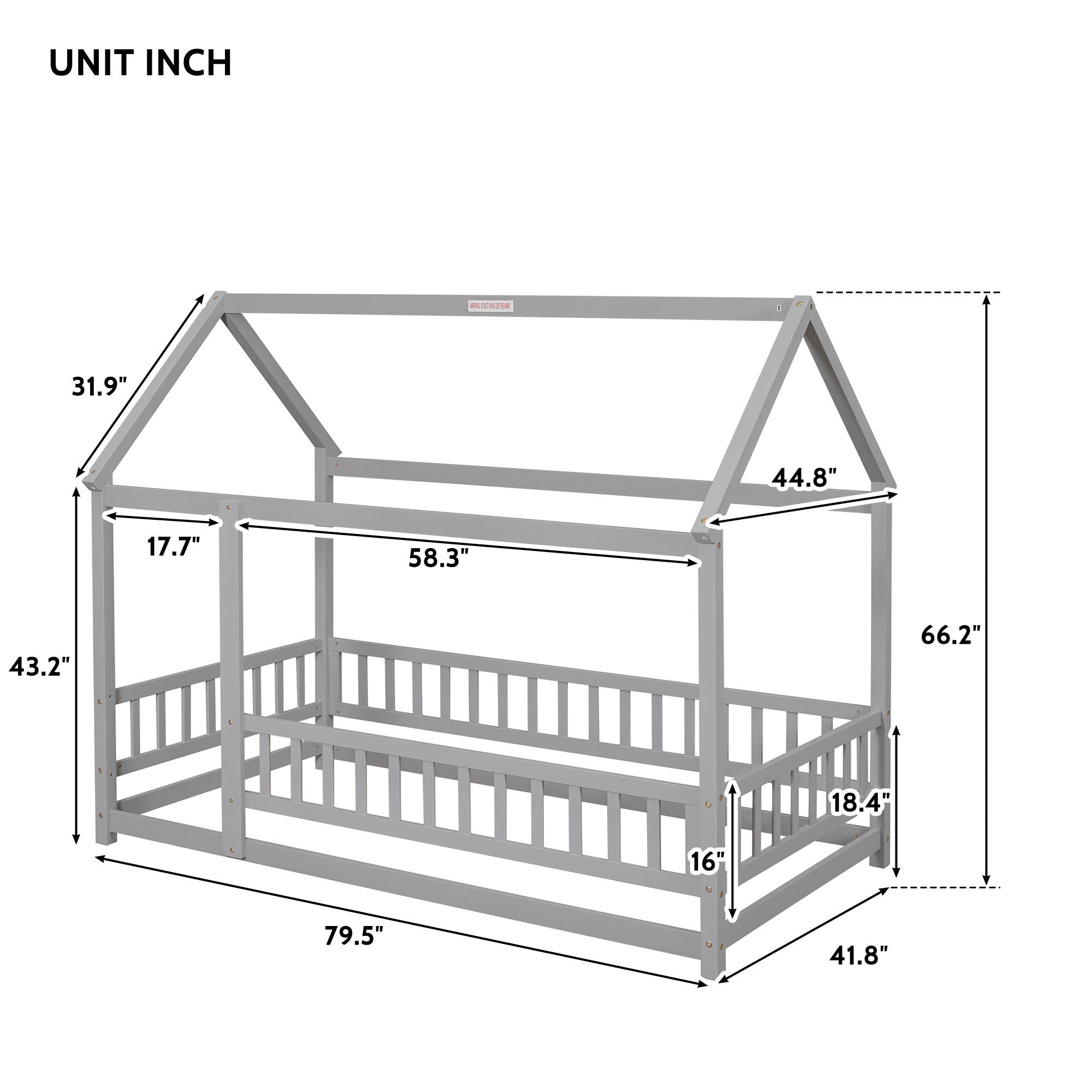 Twin Size Floor Wooden Bed with House Roof Frame, Fence Guardrails,Grey(Old SKU:W1791106614)