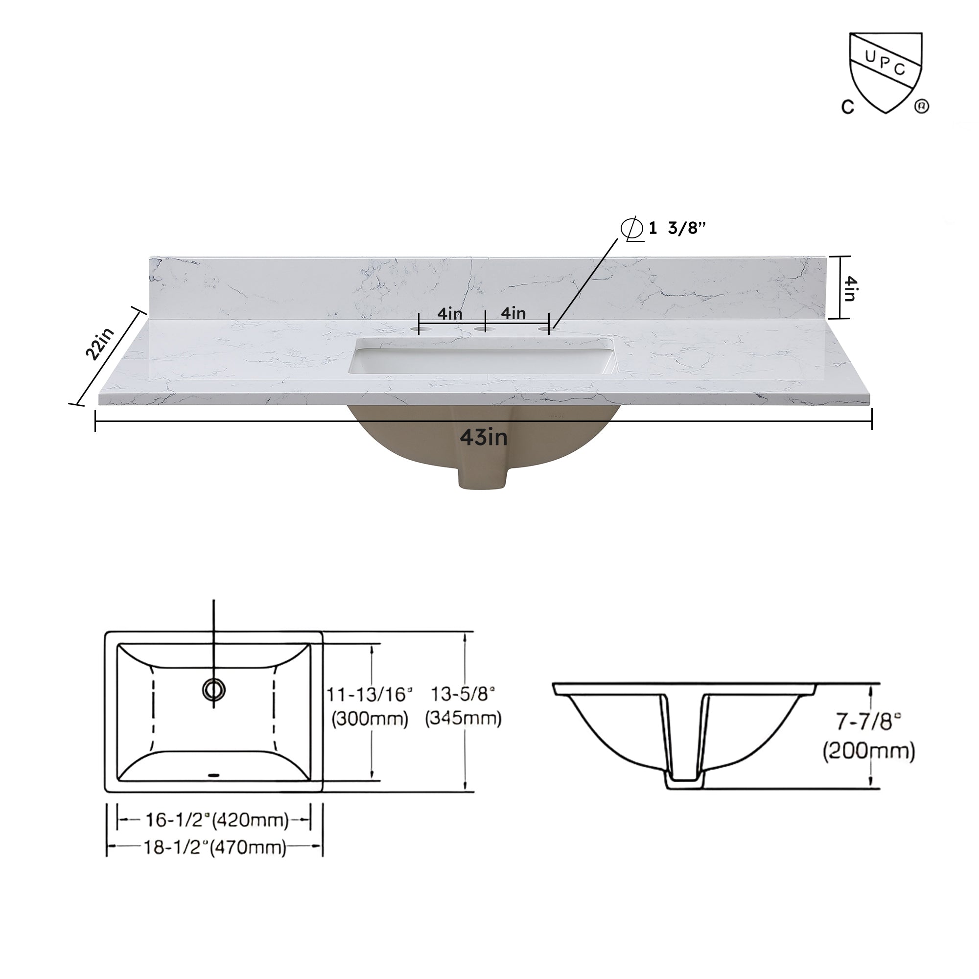 Montary 43"x 22" bathroom stone vanity top carrara jade  engineered marble color with undermount ceramic sink and 3 faucet hole with backsplash