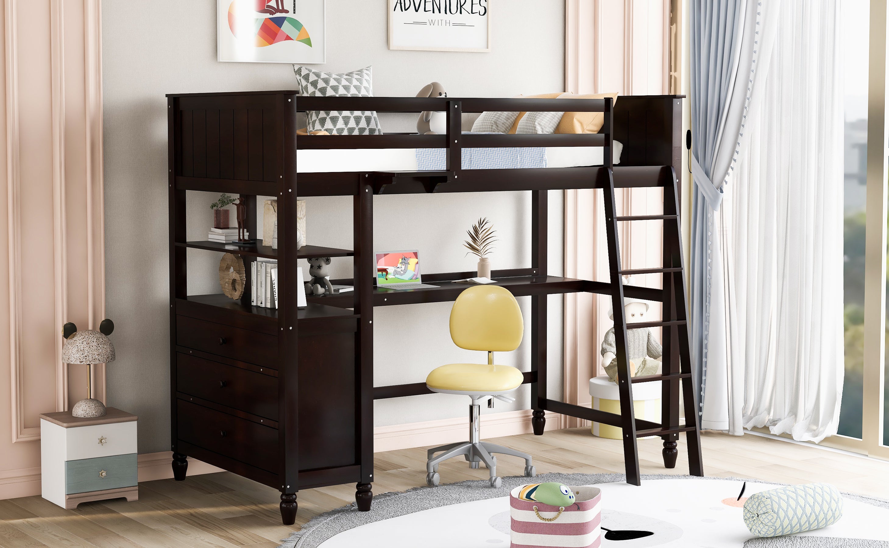 Twin size Loft Bed with Drawers and Desk, Wooden Loft Bed with Shelves - Espresso(OLD SKU: LT001530AAP)