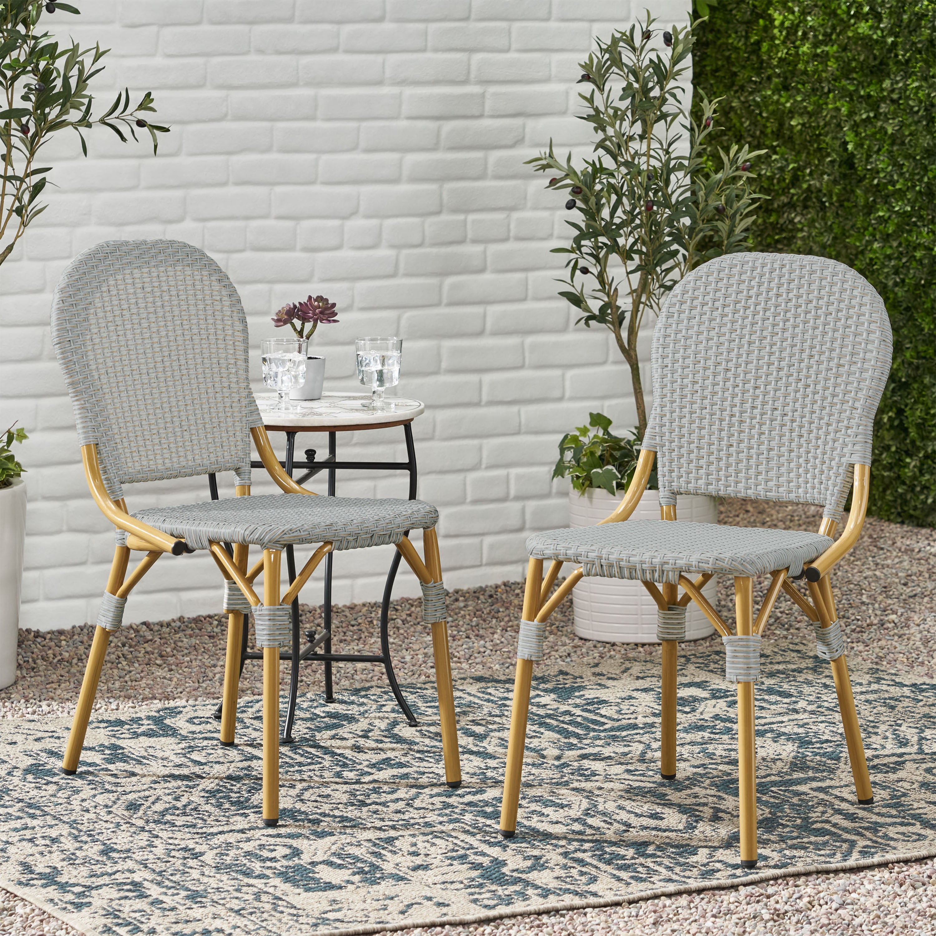 Outdoor PE Rattan and Aluminum Armless French Bistro Chairs, Set of 2, Gray and Bamboo Finish