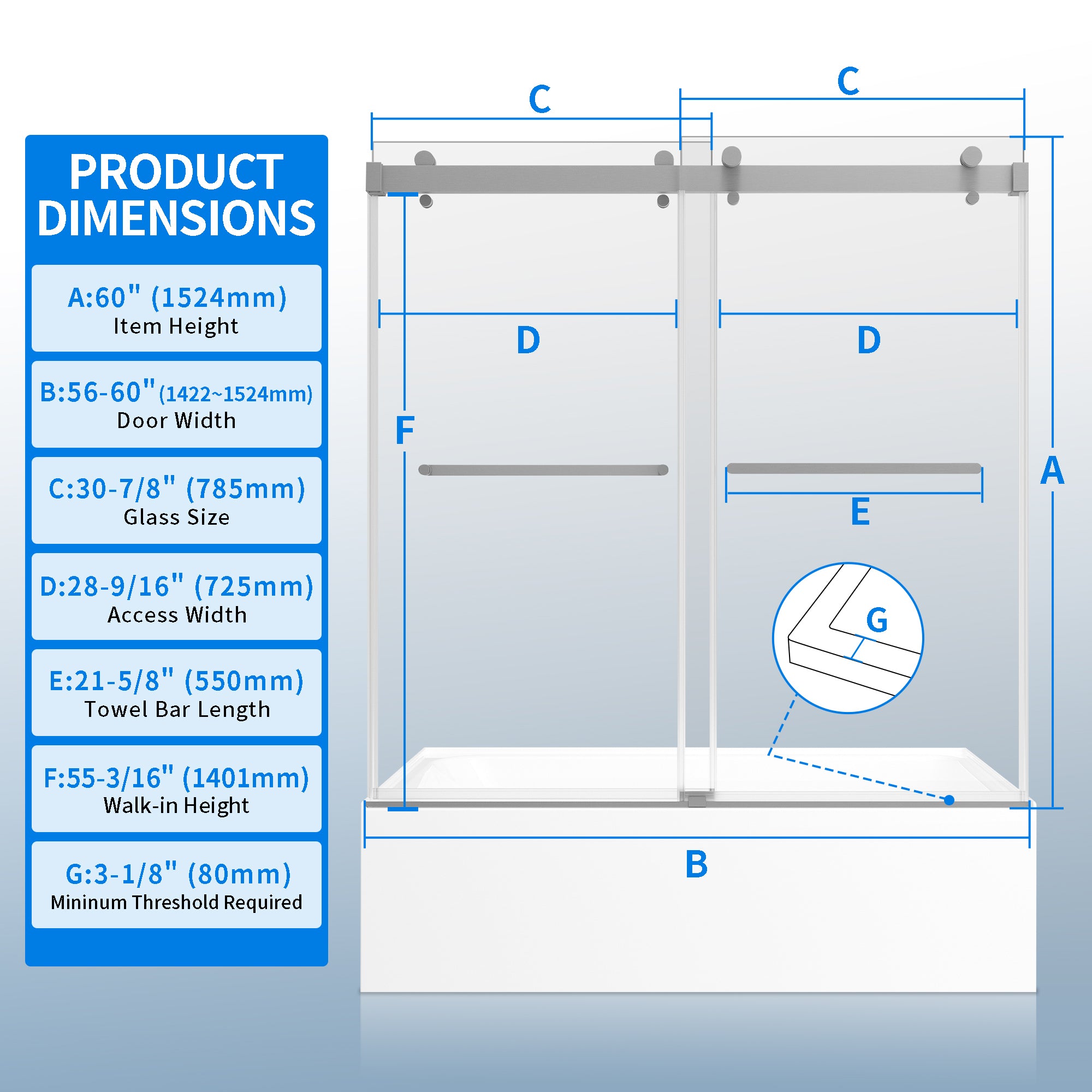 56-60"W × 60"H Double Sliding Frameless Bathtub Door With 3/8 inches (10mm) Clear Tempered Glass, Brushed Nickel Finish