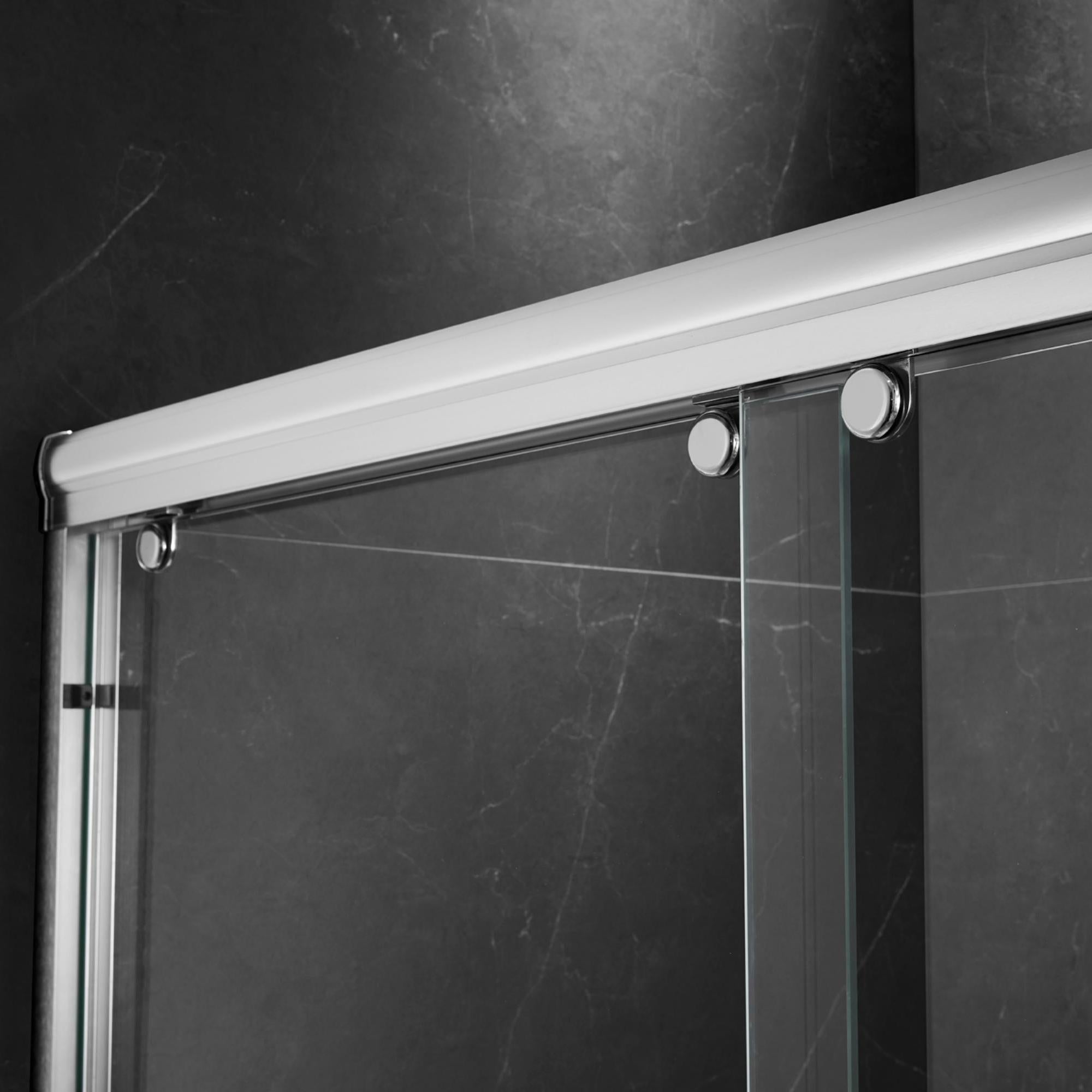 Frameless sliding shower door 60 in. by 74 in. brushed nickel installed view