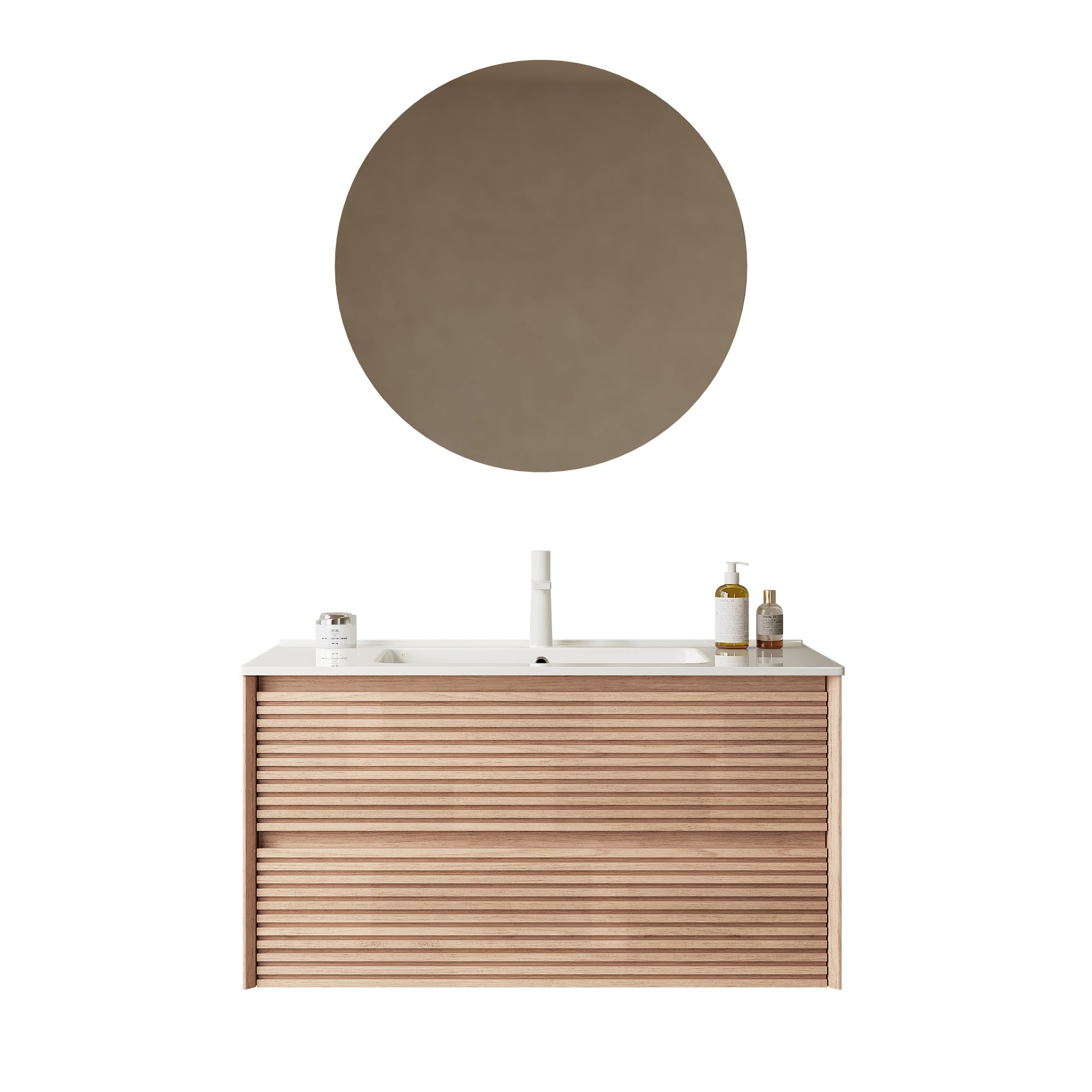 BRON 36" Bathroom Vanity with Sink, Modern Wall-Mounted Floating Plywood Bathroom Storage Cabinet with 2 Drawers, White Ceramic Basin with Sink Hole Cover and Drain, Natural Walnut