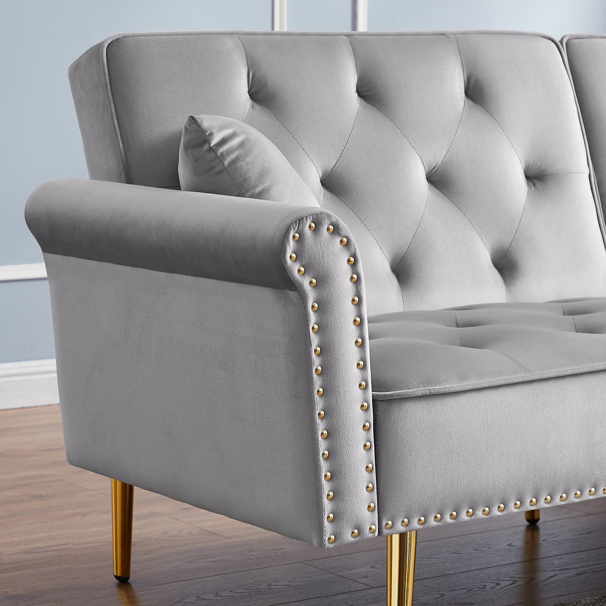 GREY Velvet Tufted Sofa Couch with 2 Pillows and Nailhead Trim