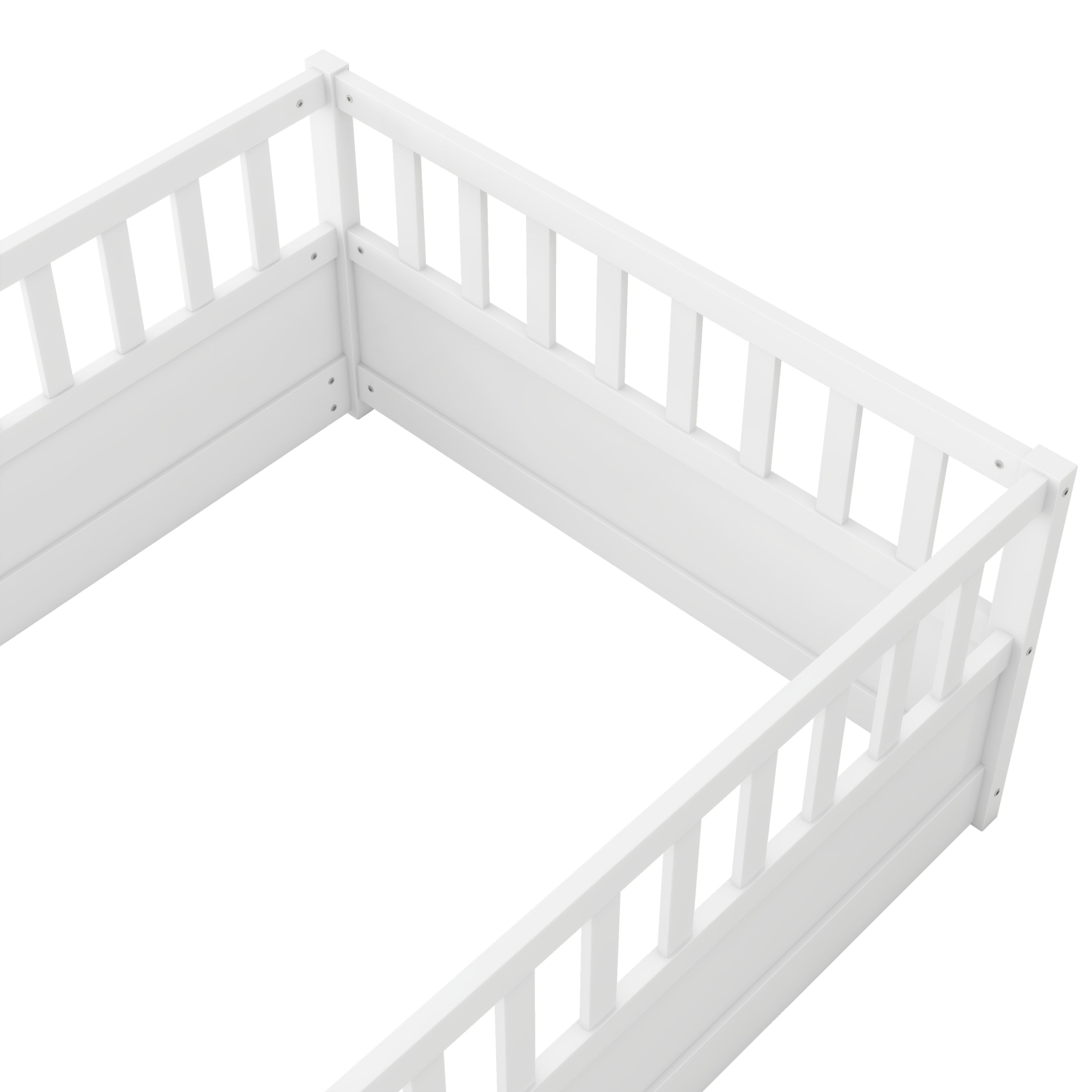 Twin Size Floor bed, integral construction with super high security barrier, door, children's floor bed frame, Montessori wooden children's floor bed, white