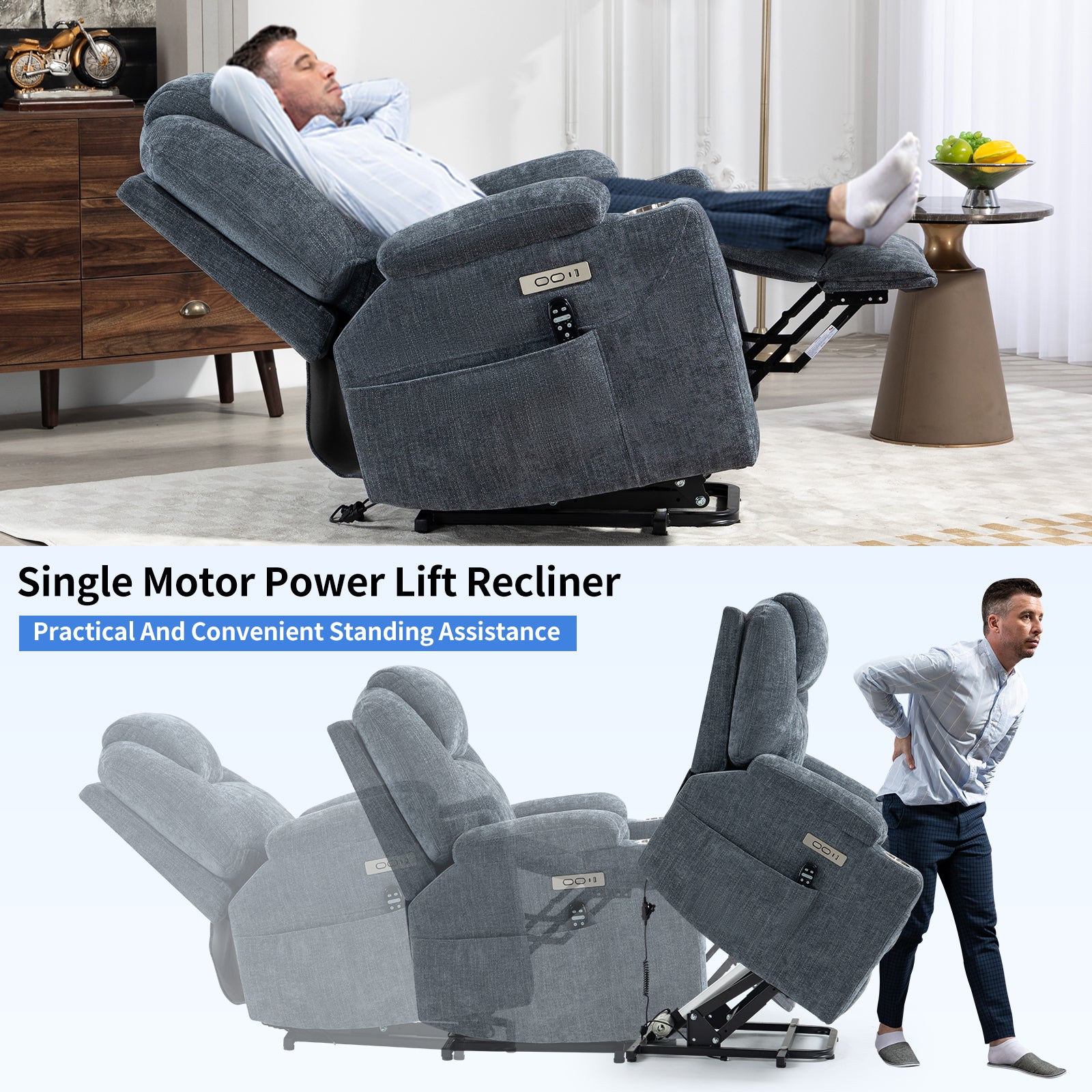 Up to 350 LBS Chenille Power Lift Recliner Chair, Heavy Duty Motion Mechanism with 8-Point Vibration Massage and Lumbar Heating, USB and Type-C Ports, Stainless Steel Cup Holders, Blue