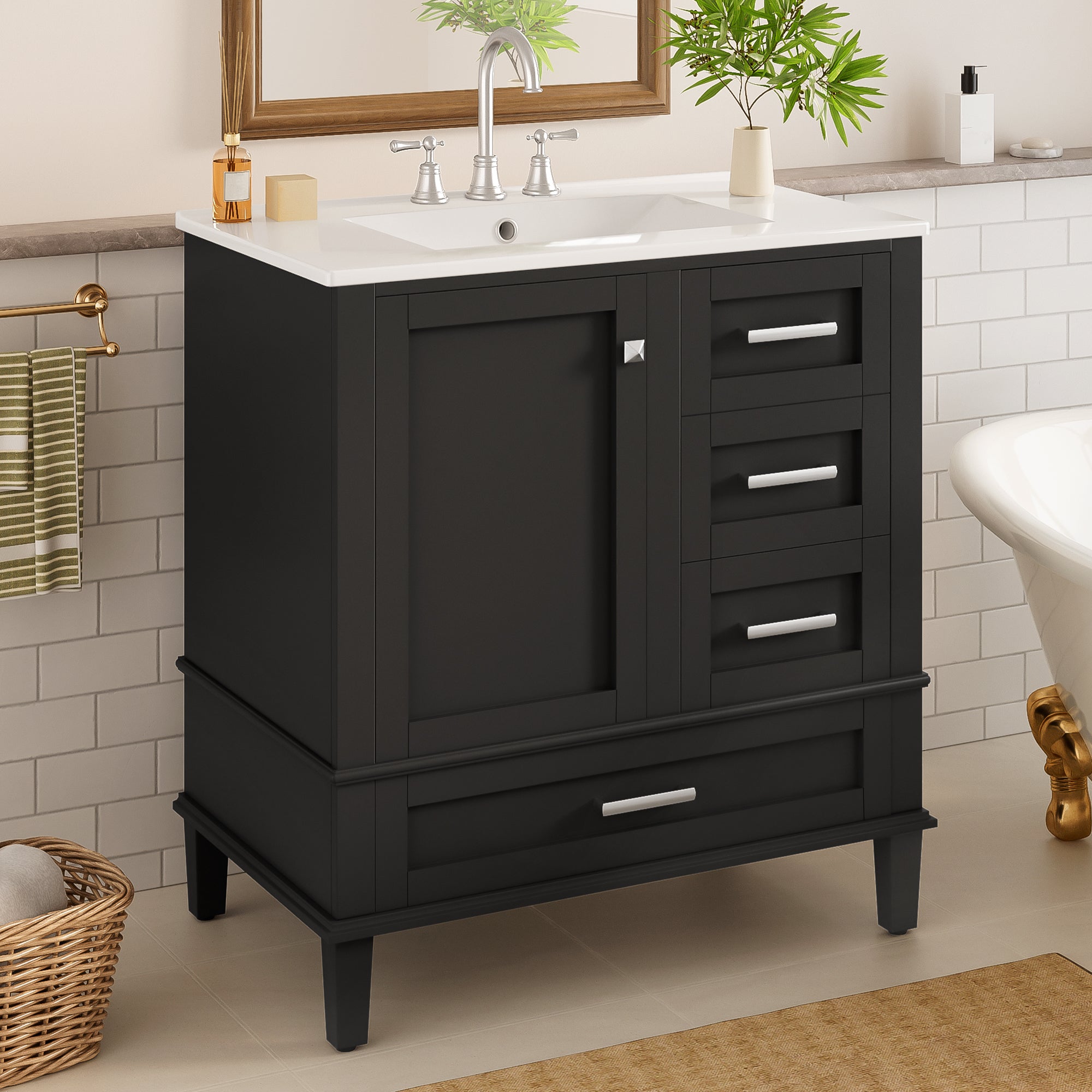Modern black vanity soft-close drawers open detail