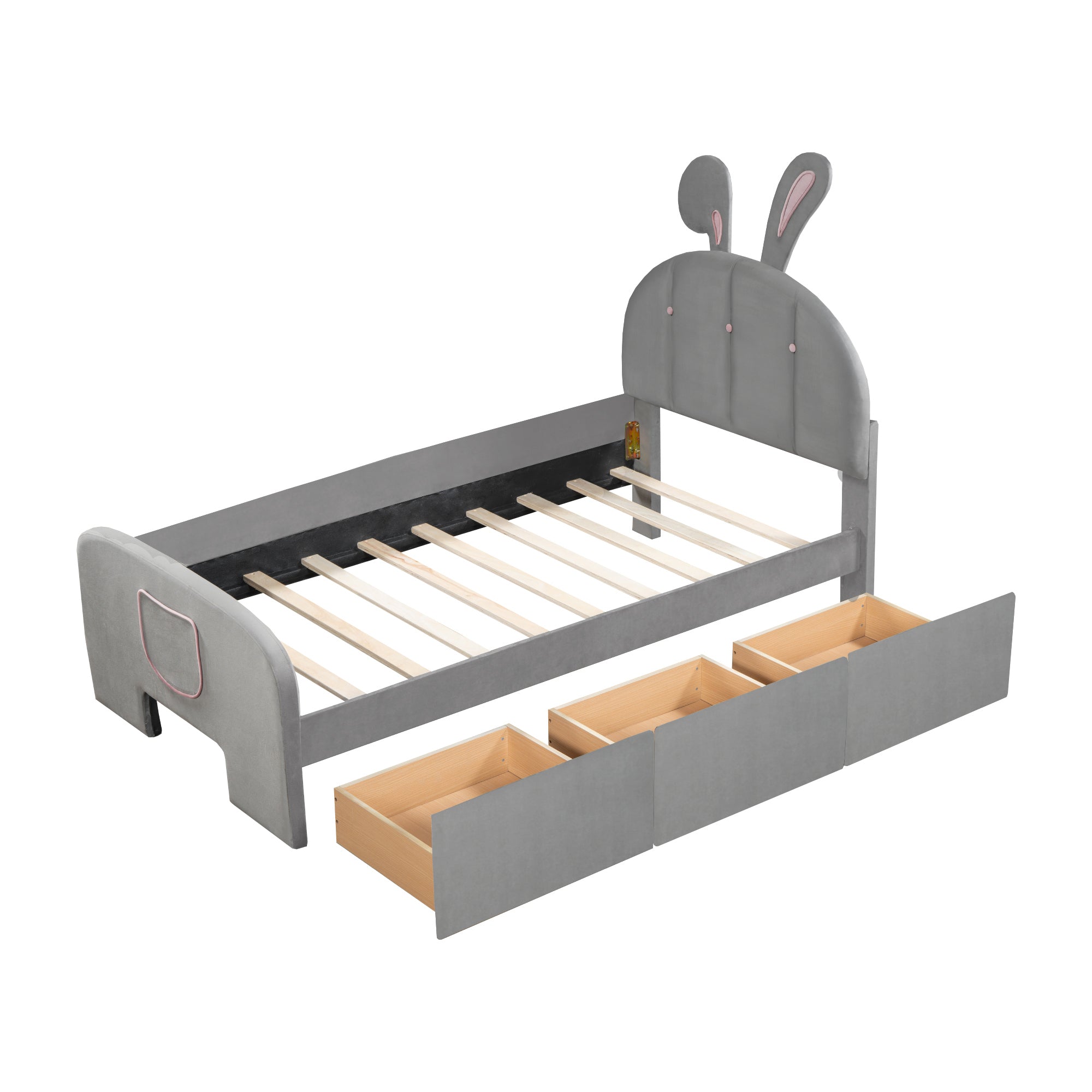 Twin Size Velvet Platform Bed with Rabbit-Shaped Headboard, with Drawers, with Bed-End Storage Pocket, Gray