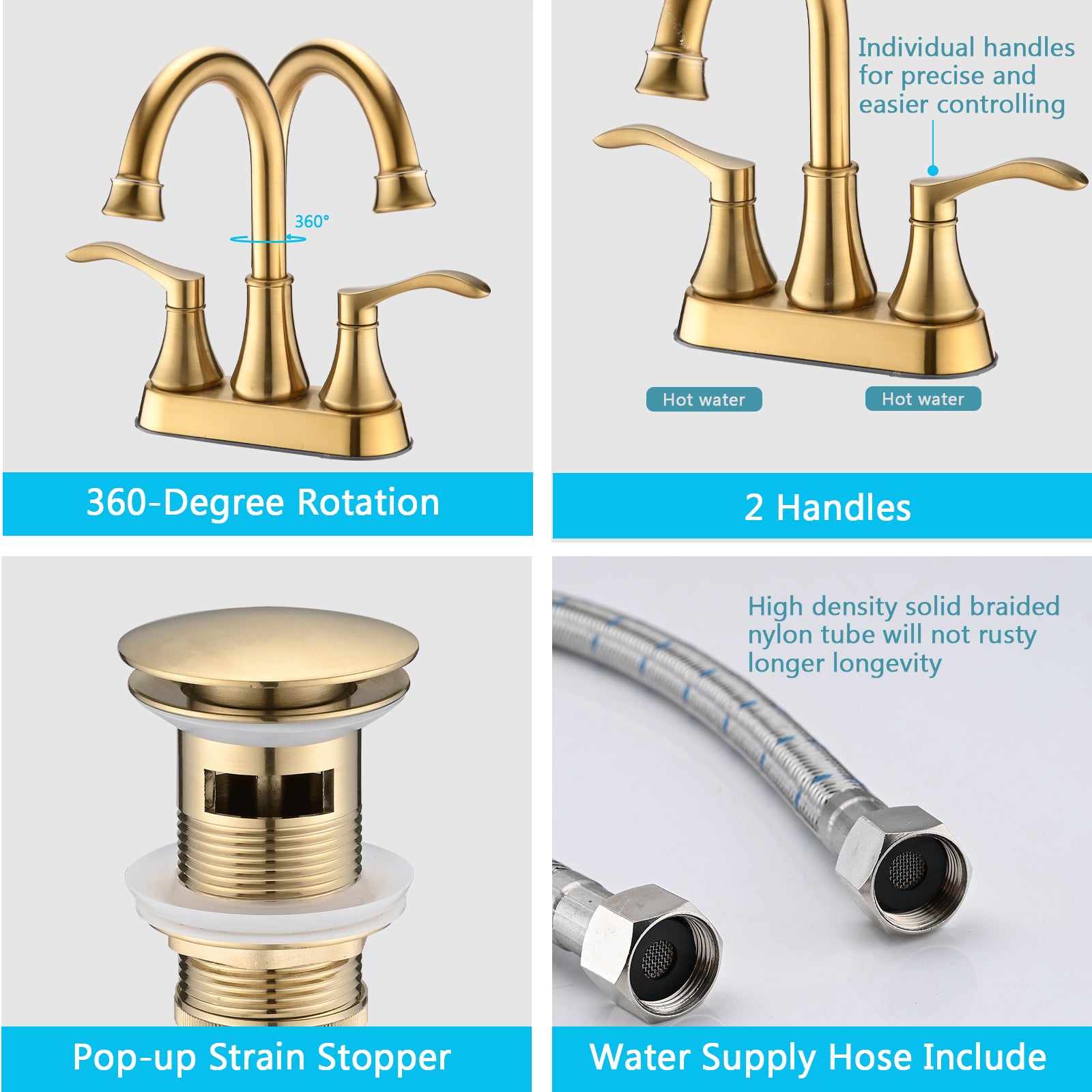 4 inches Centerset Bathroom Faucet 360° Swivel Spout, with Pop Up Drain - Brushed Gold