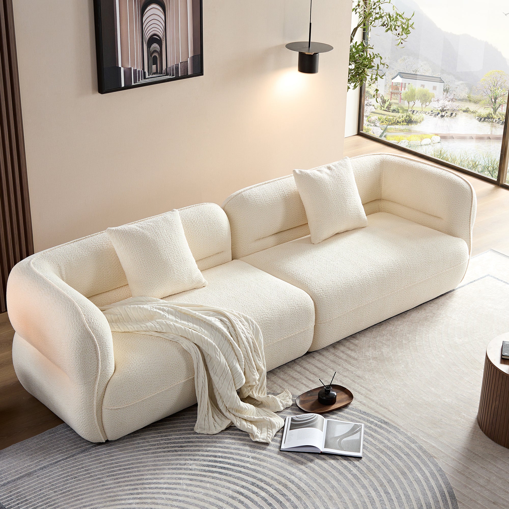 White sectional sofa, durable fabric, solid wood frame, high density sponge filler