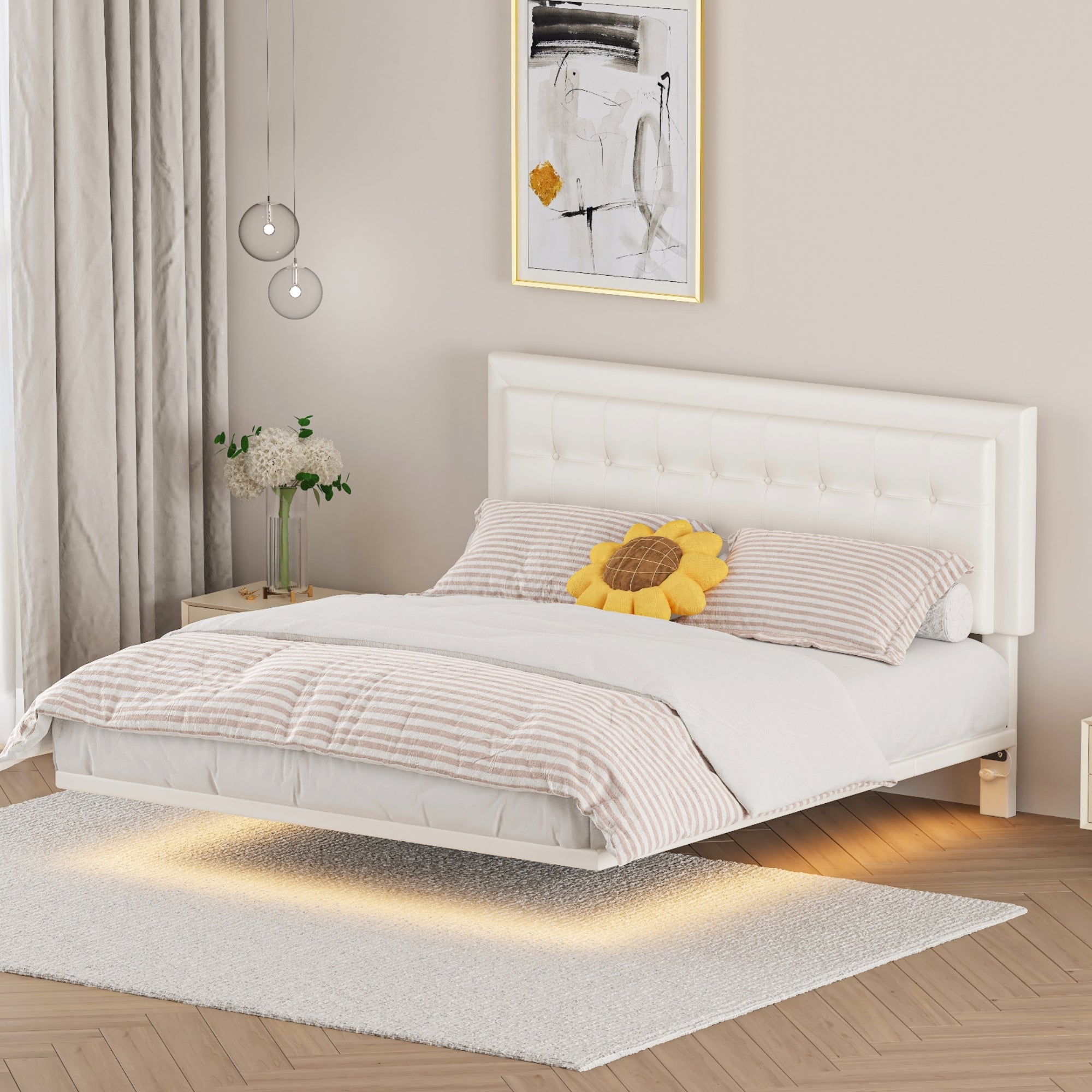 Queen Size Floating Bed Frame with Motion Activated Night Lights,Modern PU Upholstered Button Tufted Platform Bed Frame,White