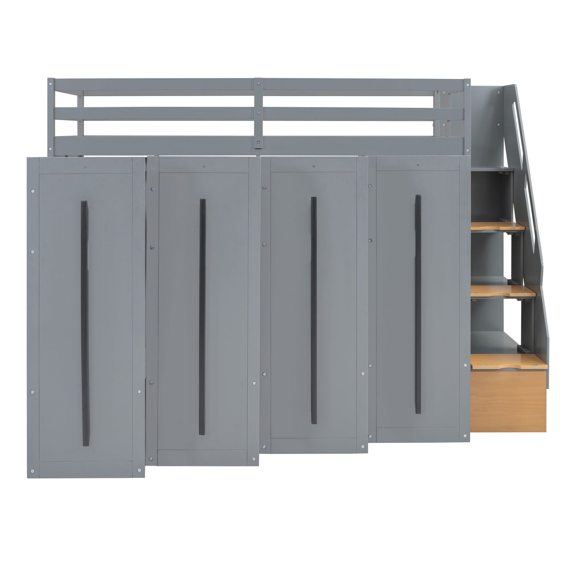 Modern Loft Bed with Two-Tone Storage Stairs and Pull-Out Wardrobes, Gray