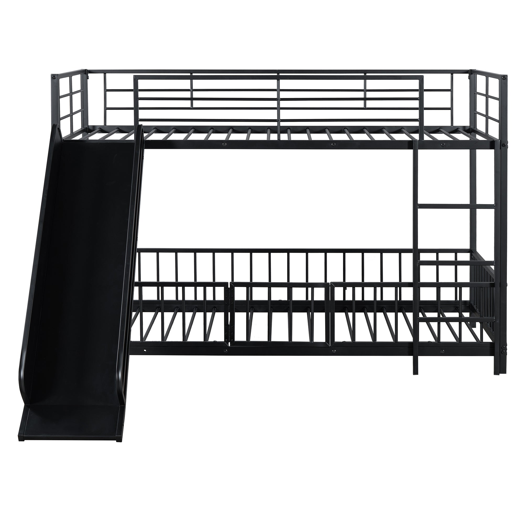 Twin over Twin Size Metal Bunk Bed with Slide and Guardrails, Black