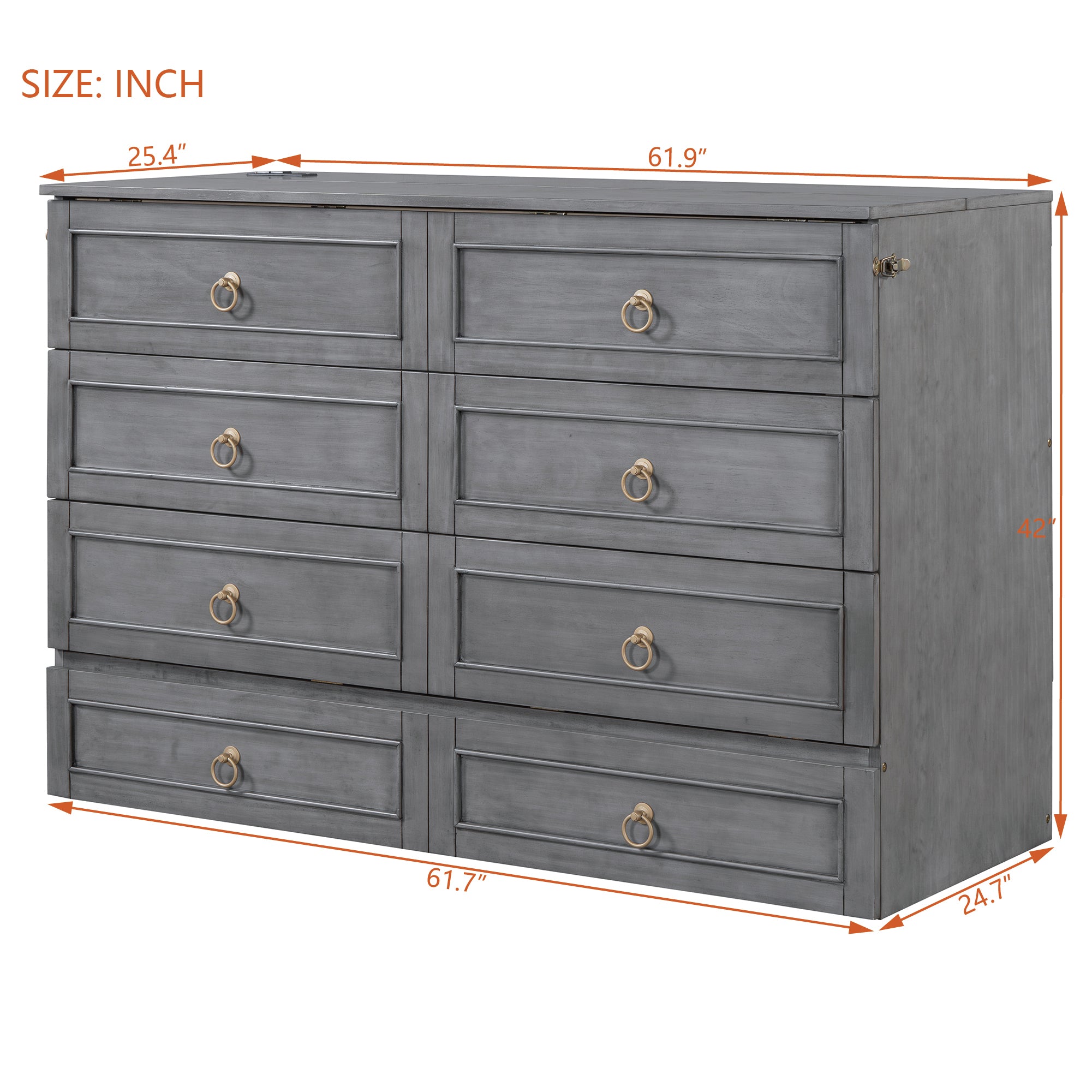 Queen Murphy Bed with Large Drawers,Gray