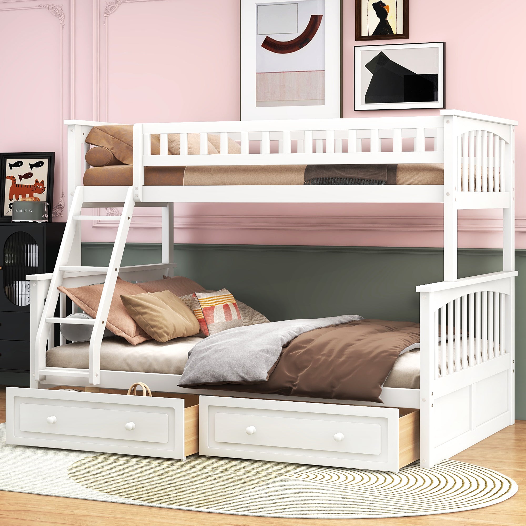 White twin over full bunk bed with two rolling drawers