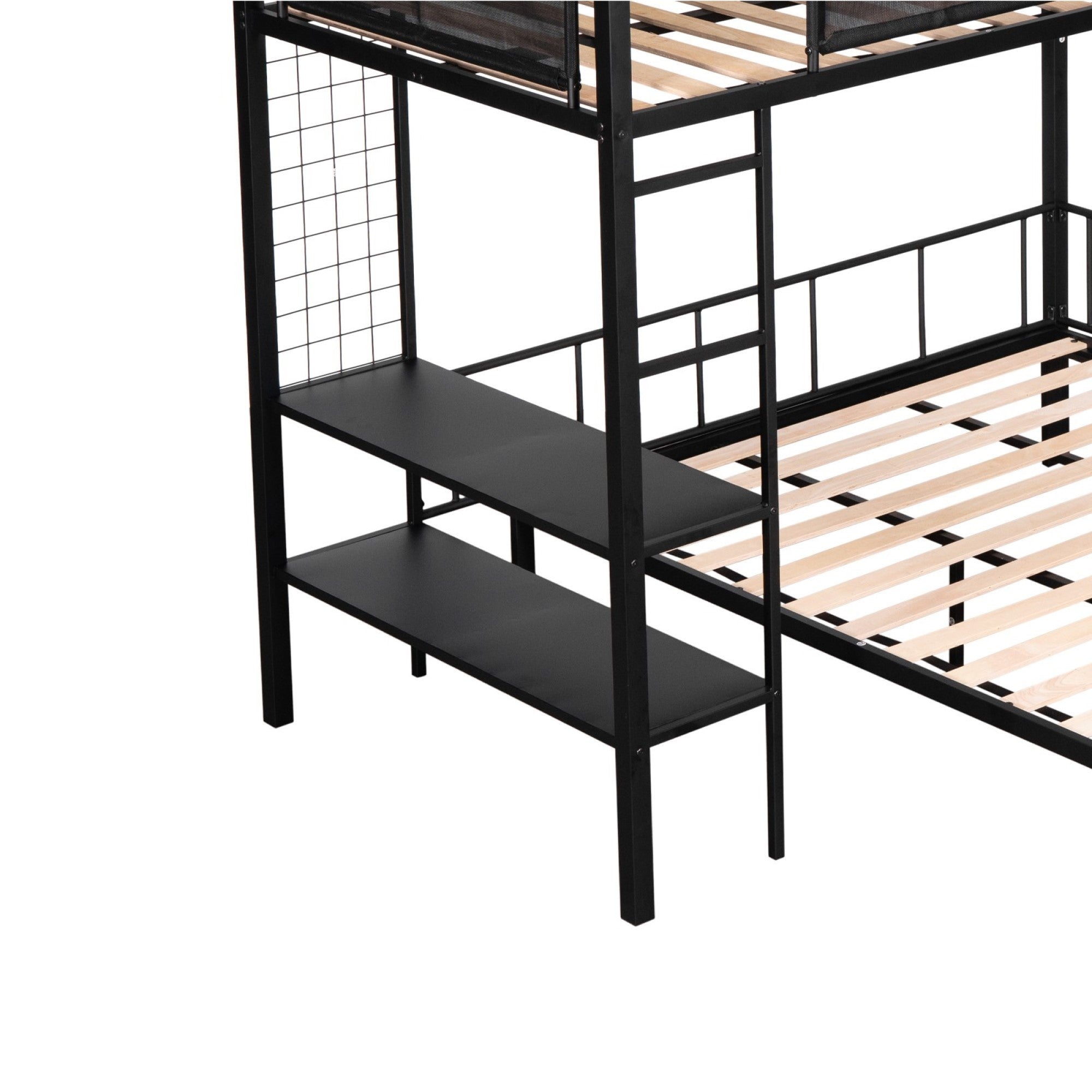 Metal Twin over Full Bunk with Shelves & Grid Panel/ Sturdy Metal Bed Frame/ Noise-free Wood Slats/ Comfortable Textilene Guardrail/ Built-in 2-tier Shelves & Grid Panel/ Separated Full size Bed