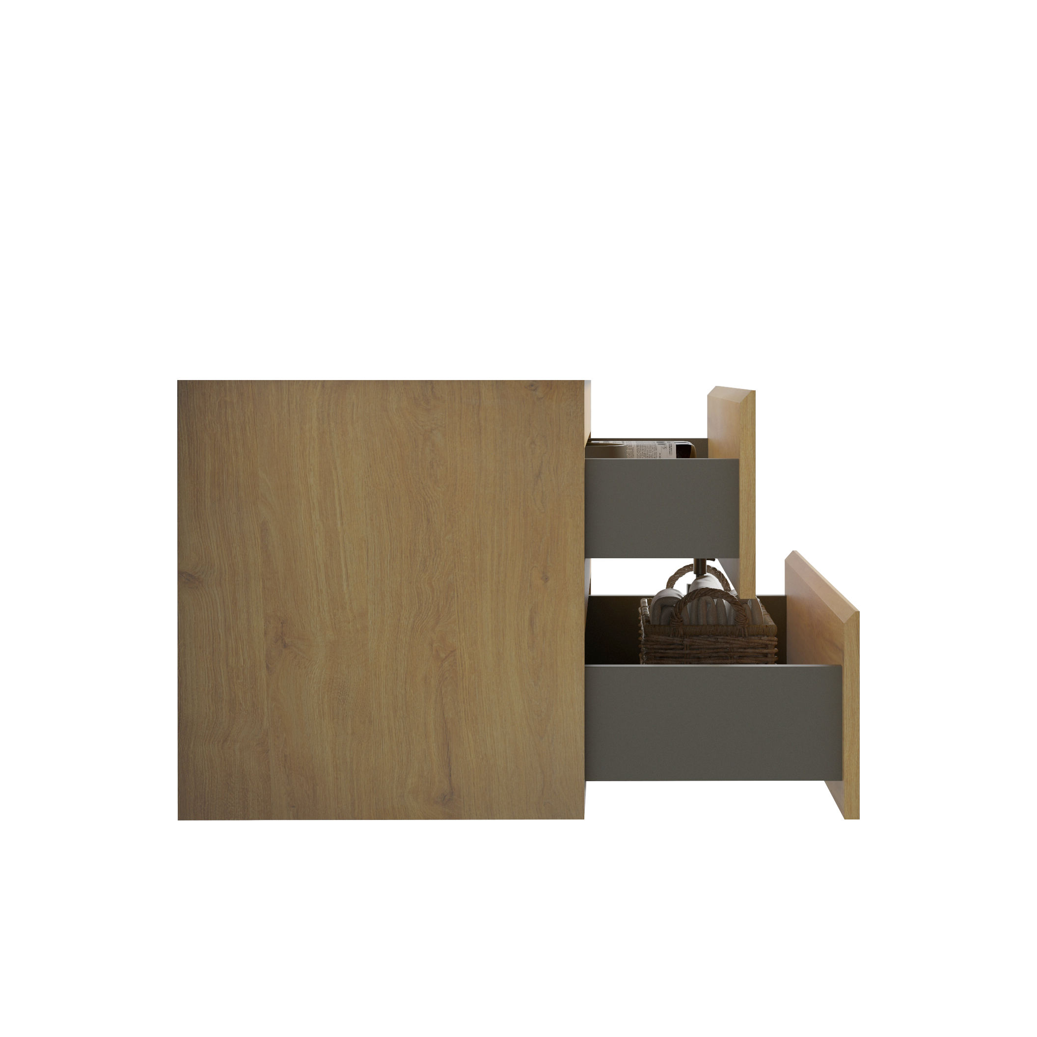 Alice36-106, Wall mount cabinet WITHOUT basin, Natural oak color, with two drawers, Pre-assembled