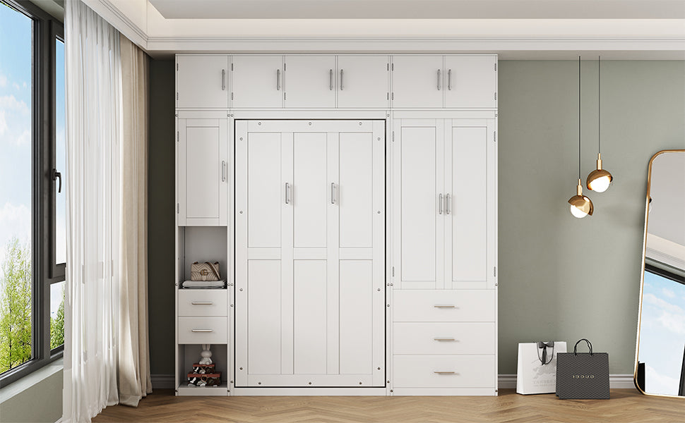 Twin Size Murphy Bed with Lockers and Wardrobes, With installation video, White