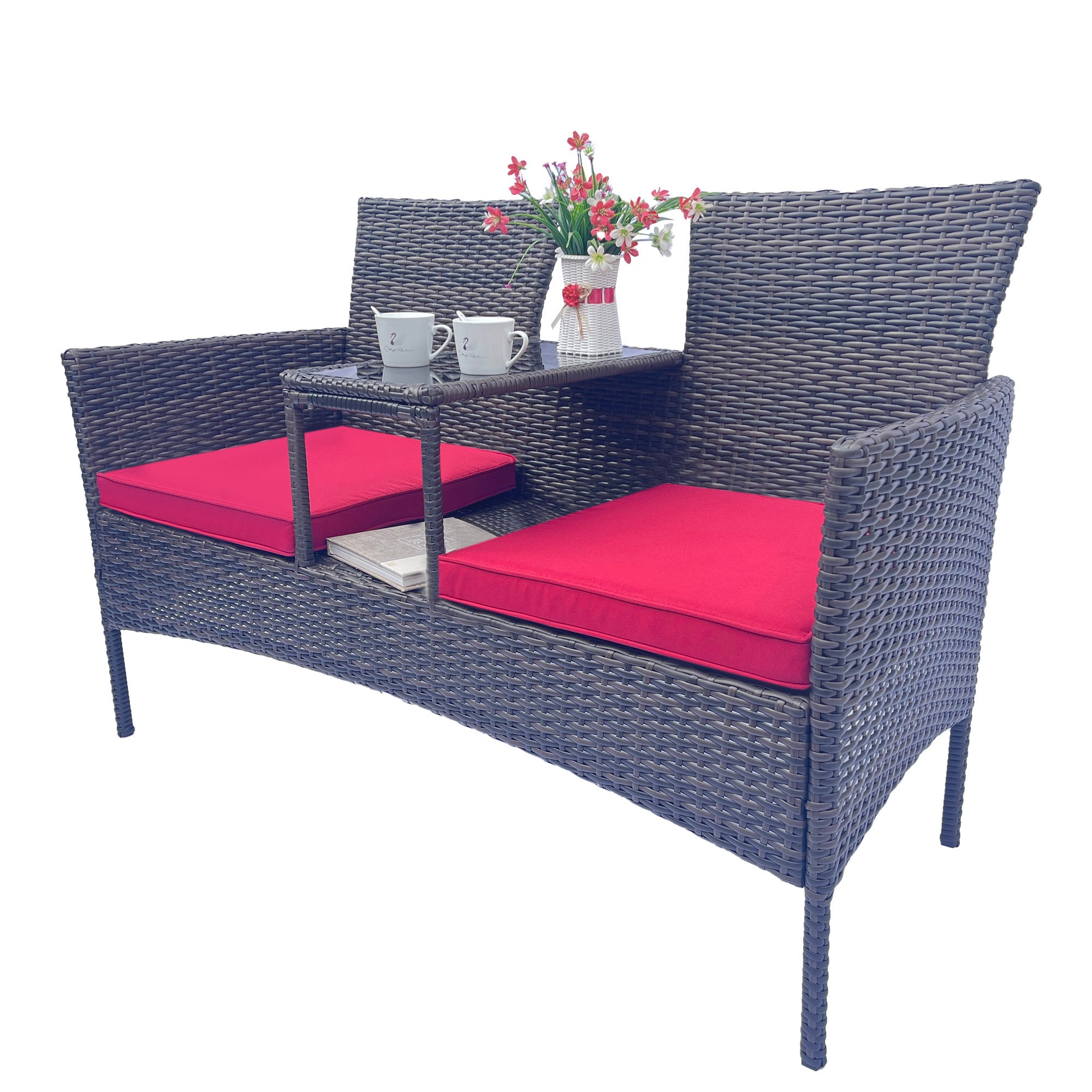 Wicker Patio Conversation Furniture Set, Outdoor Furniture Set with Removable Cushions & Table, Tempered Glass Top, Modern Rattan Bench for Garden Lawn Backyard